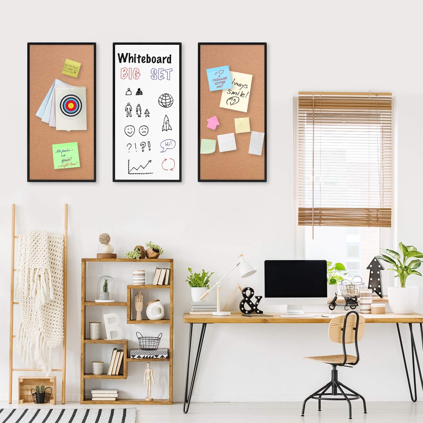 Cork Board and Whiteboard Combination Board for Wall, 3-Pack 12" X 24", Black Framed Dry Erase White Cork Board for Home, Office