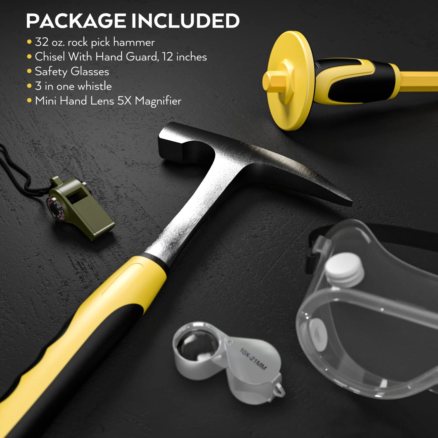 INCLY 5 PCS Geology Rock Pick Equipment Kit, 32 oz Rock Hammer with 12" Mason Concrete Chisel, Jewelers loupe, Summer Outdoor Camping Tool Set for Hounding,Gold Mining & Prospecting, Stone Breaking