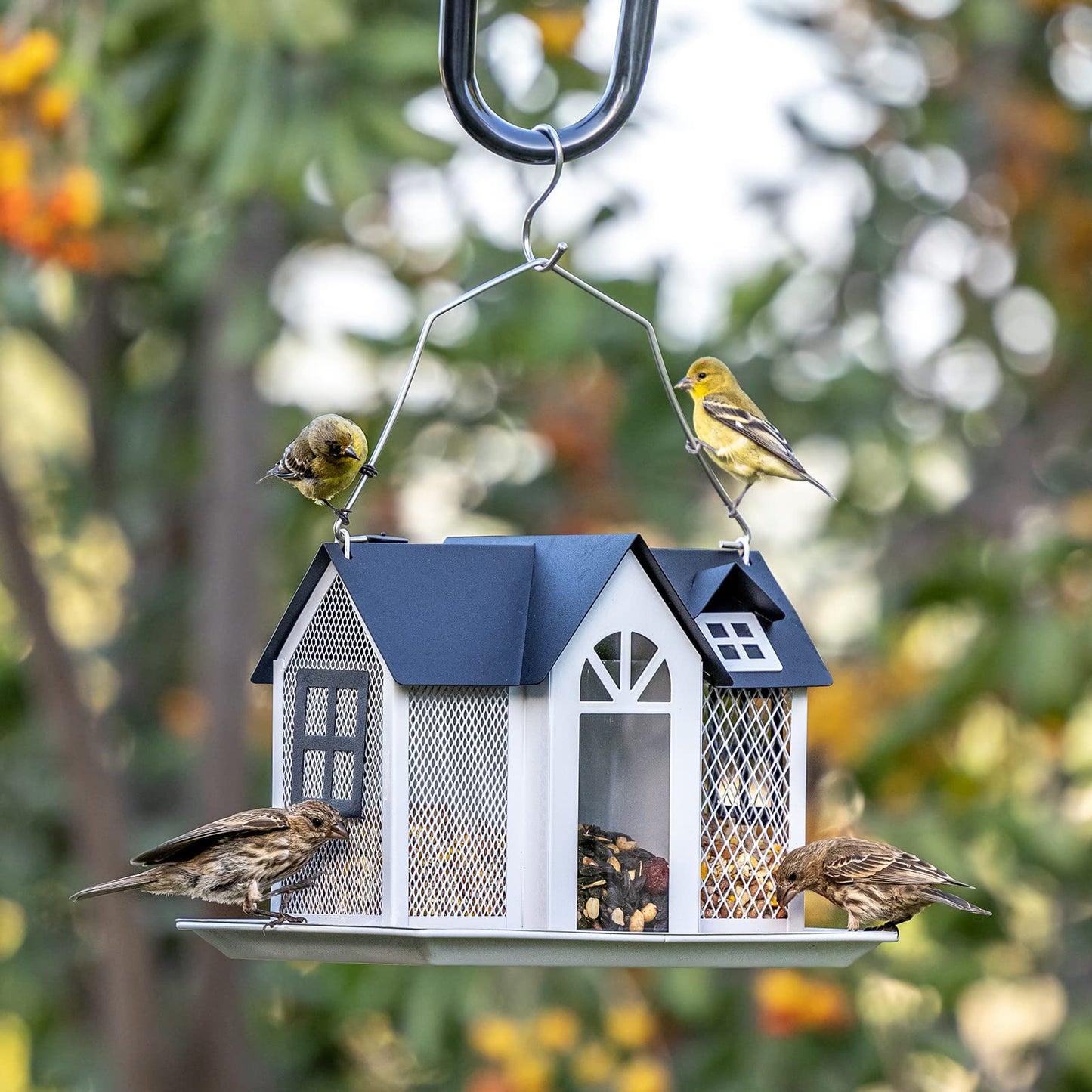 Kingsyard Bird Feeder House for Outside, Metal Mesh Wild Bird Feeder with Triple Feeders for Finch Cardinal Chickadee, Large Capacity, Weatherproof and Durable, Black Roof