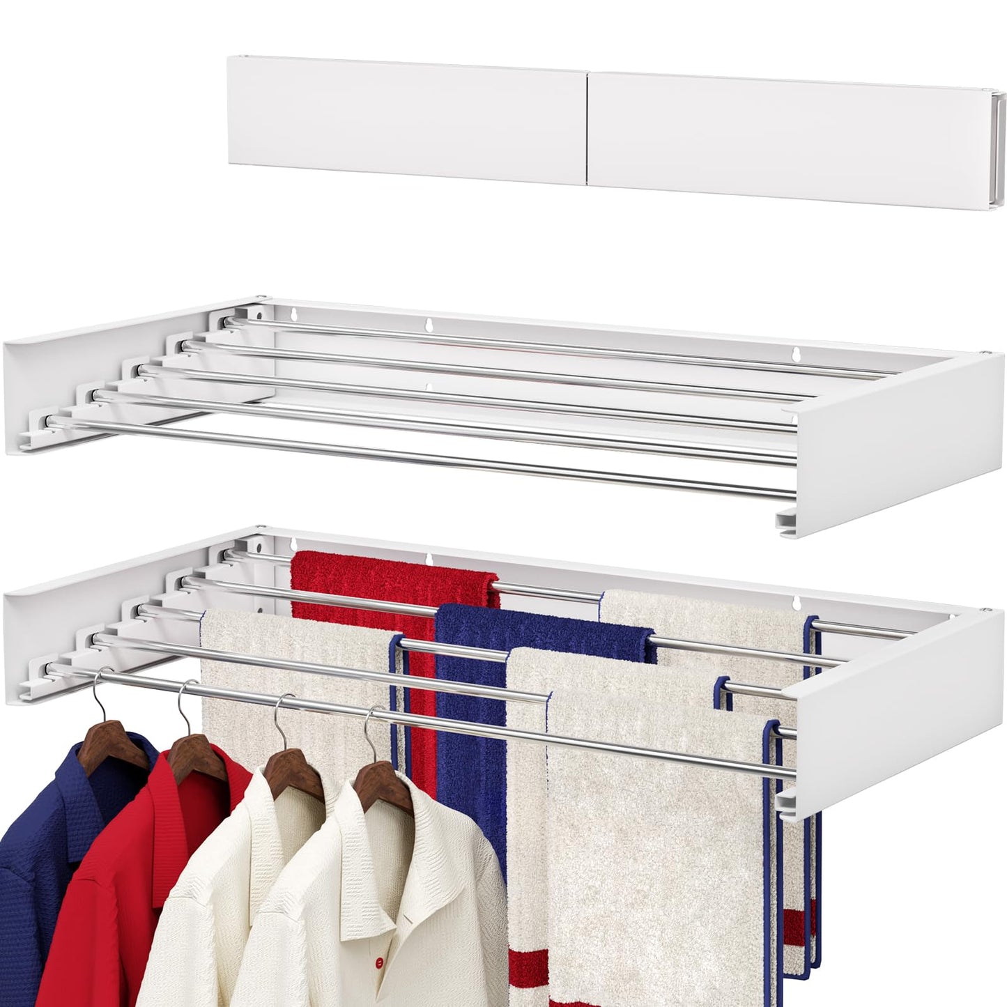 SOLVESTIS Wall Mounted Drying Rack 80CM, Foldable Laundry Drying Rack with Stainless Steel Rods, Retractable Laundry Space Saver for Indoor & Outdoor Use, Include Wall Template