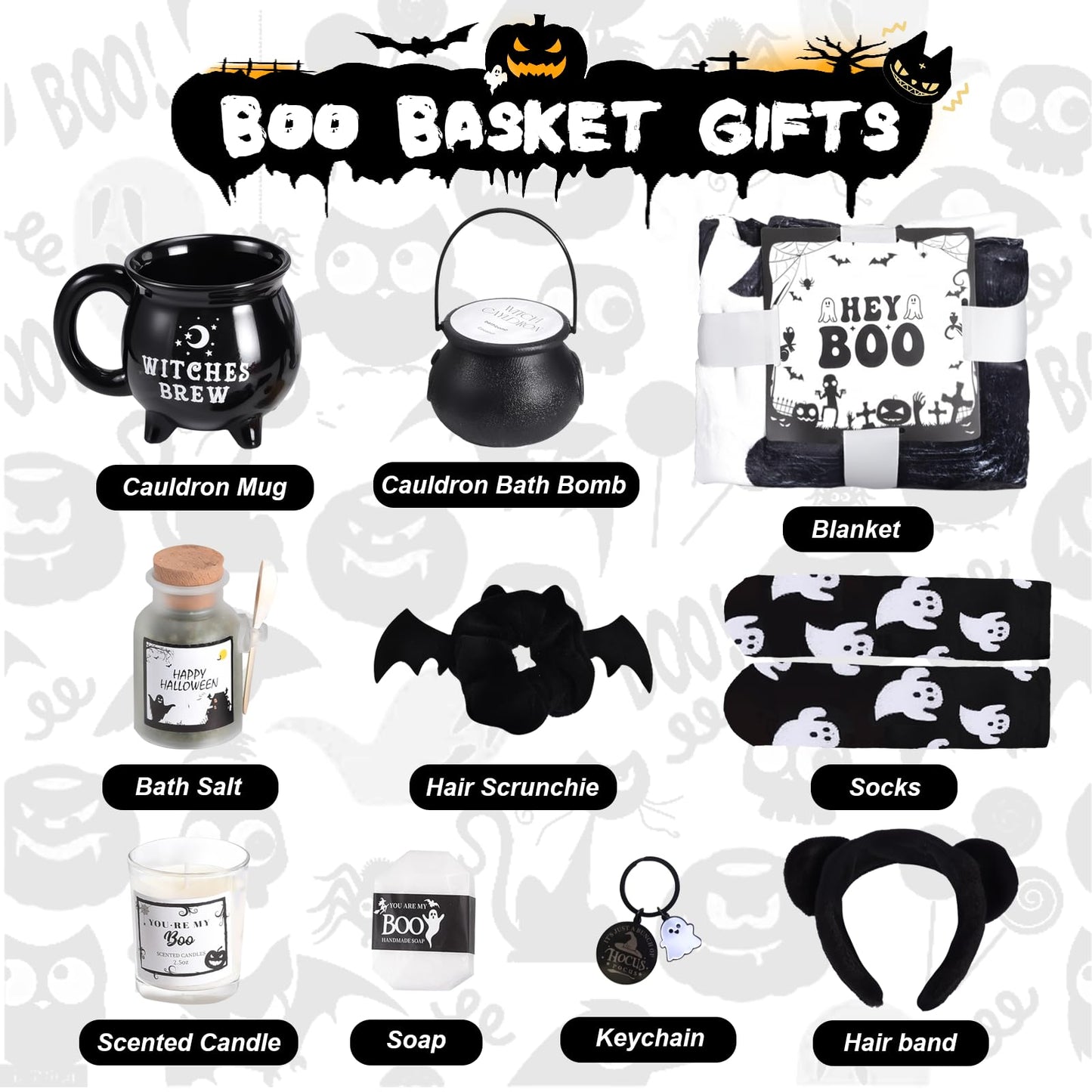 Boo Basket Stuffers for Women Teens - 11Pcs Halloween Boo Basket Stuffers Gift Ideas with Ghost Blanket Cauldron Mug Socks & Spa Gifts for Women Teen Girls