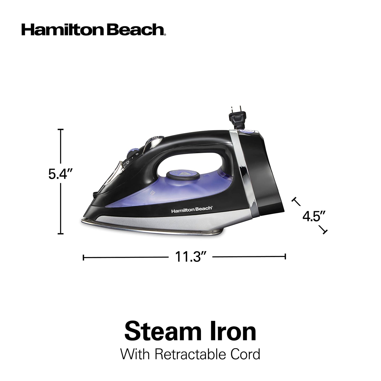 Hamilton Beach Steam Iron for Clothes, Retractable Cord Iron, Stainless Steel Soleplate, 1200W, Vertical Steam, Spray & Steam Boost, Black, 14214