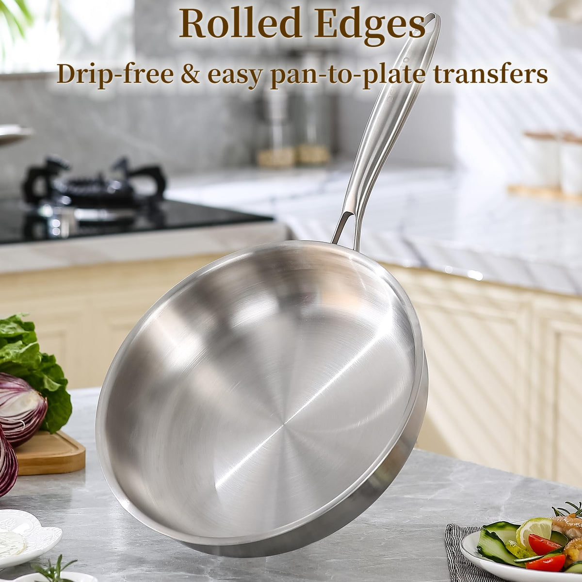 DELARLO Stainless Steel Pan丨10 Inch Skillet with Lid丨Oven Safe Up to 600℉丨Triply Stainless Steel Cookware丨Stainless Steel Pan 10 in丨Induction Compatible丨Fast Even Heat丨Large Cooking Surface