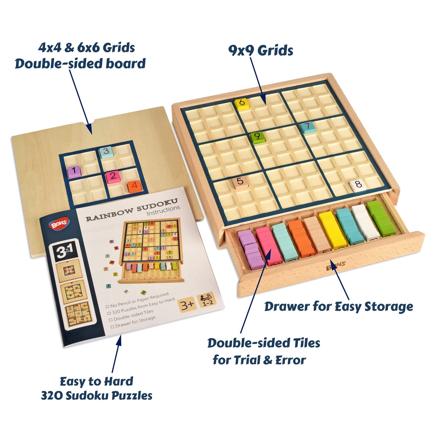 BOHS Wooden Rainbow Sudoku Board Game for Kids - 3 in 1 Easy to Hard - with Book of 320 Sudoku Puzzles - Desktop Brain Teaser Game Toys