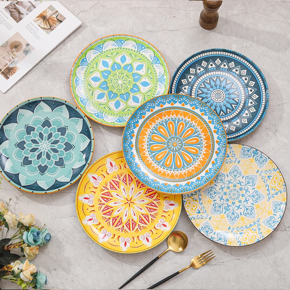 Dinner Plates Set of 6, 10 Inch Scratch Resistant Ceramic Plates, Dishwasher and Microwave Safe, Pasta Plate, Salad Plate, for Main Course, Multicolor