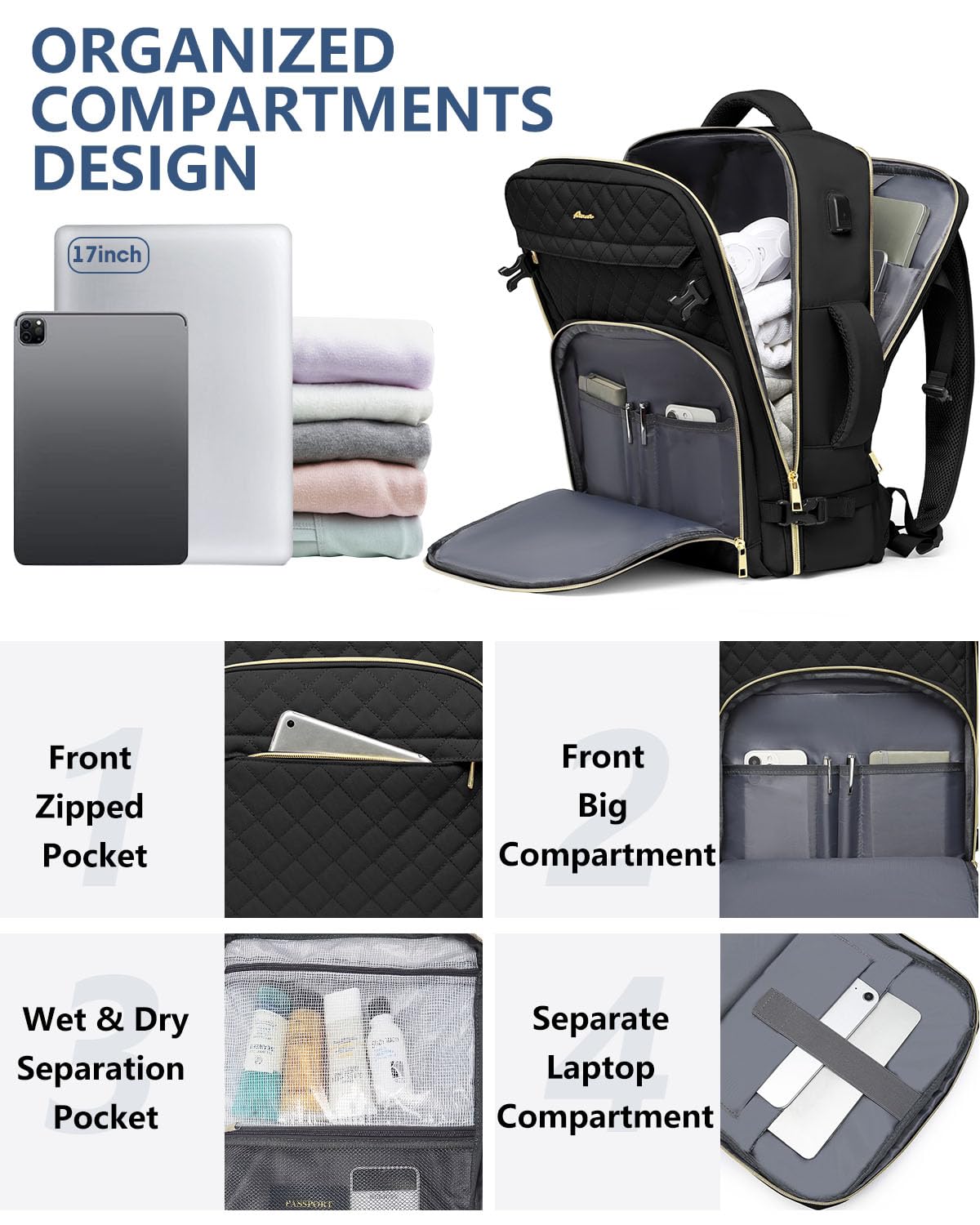 Carry on Women Travel Backpack: TSA Flight Approved Personal Item Backpacks Large 40L Waterproof Luggage Suitcase Backpack fit 17 Inch Laptop Weekender Overnight Traveling Bag with USB Charge