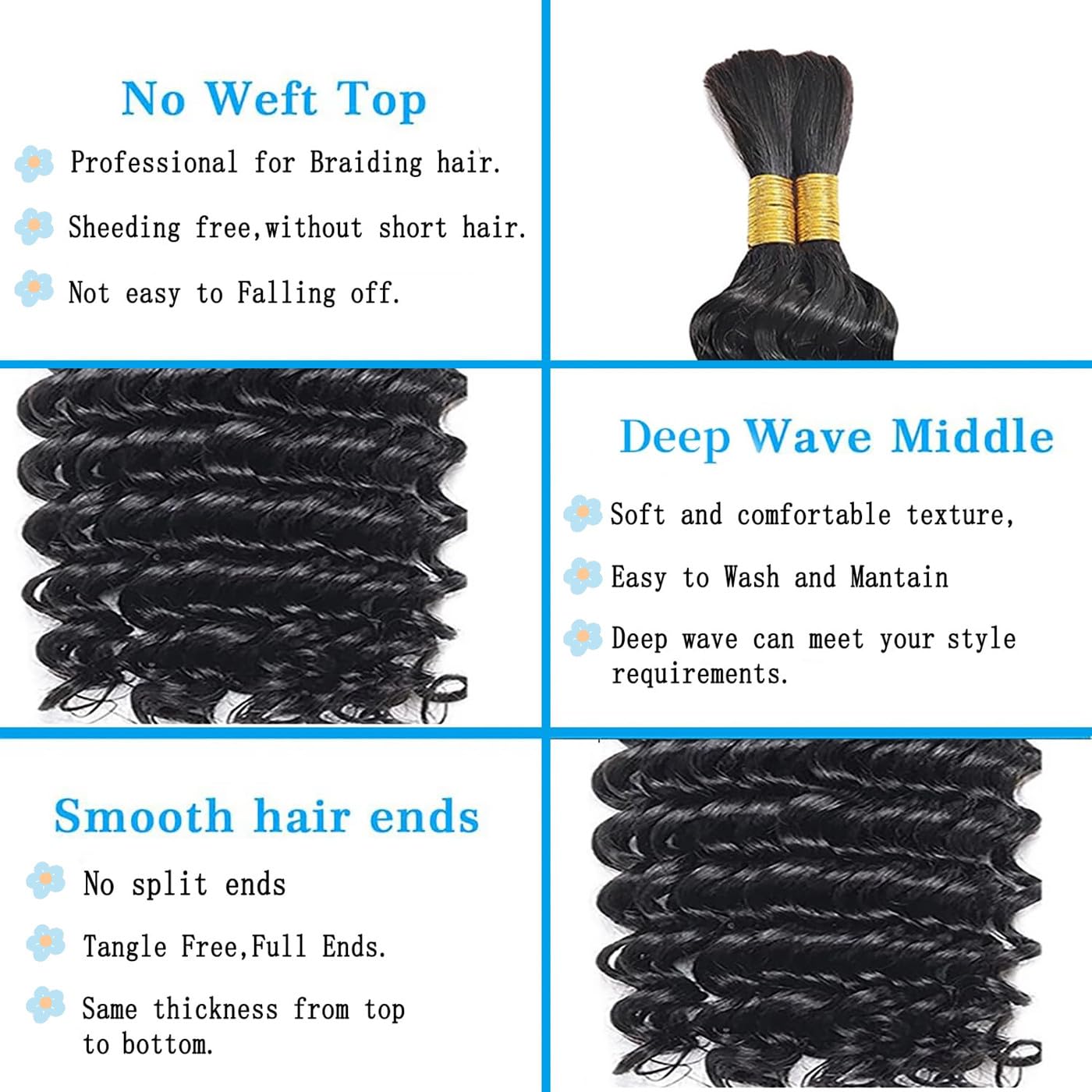 Human Hair Braiding Hair 2 Bundles/Pack 100g 20 Inch Deep Wave Bundles Human for Boho Braids Black Hair Extensions Curly Remy Hair Bulk Brazilian Virgin Human Hair for Women Braids No Weft