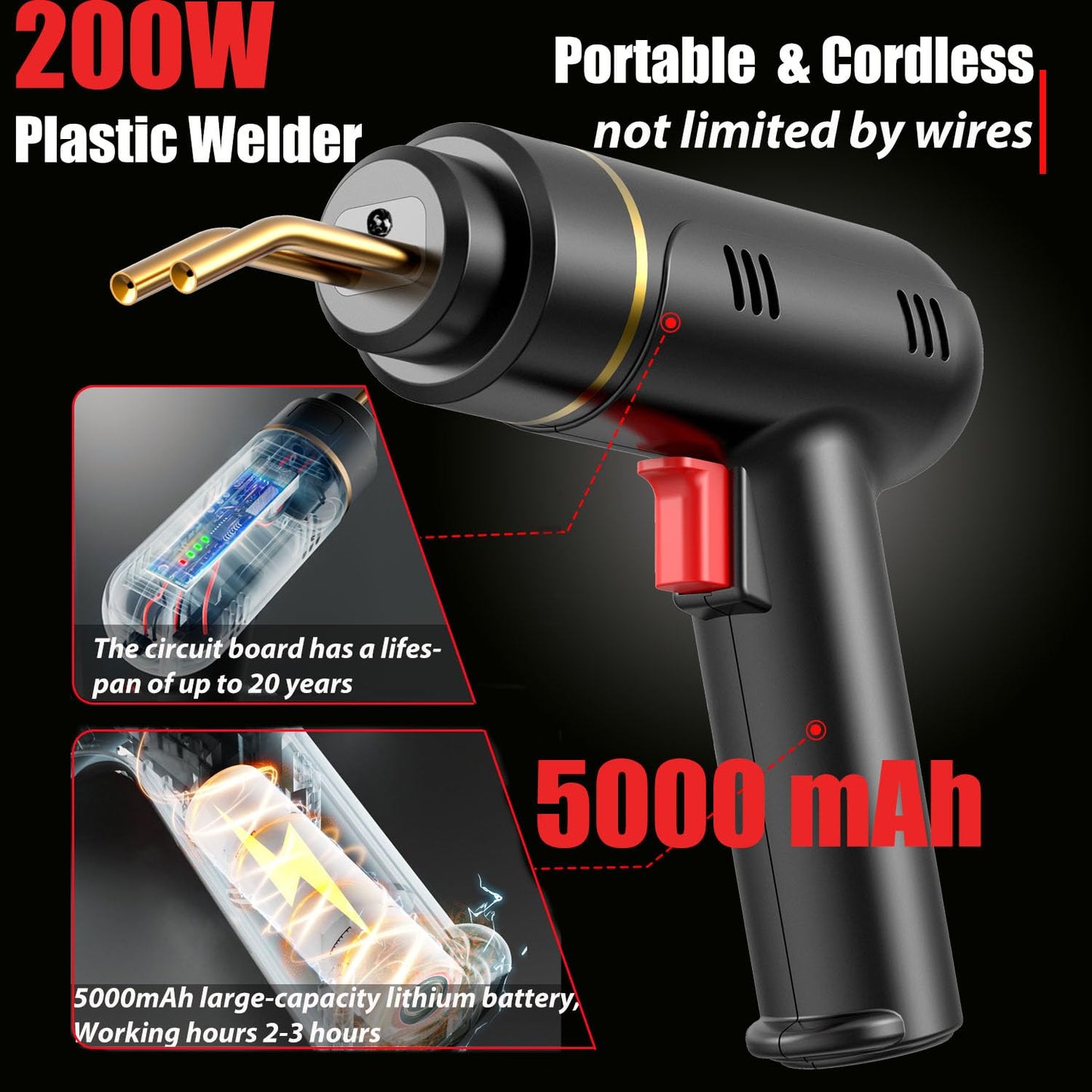 200W Cordless Plastic Welder, Plastic Welding Kit with 1200PCS Hot Stapler, USB Rechargeable Plastic Welder Gun with 5000mAh Battery, Plastic Weld Bumper Repair Kit for Most Plastic Repair