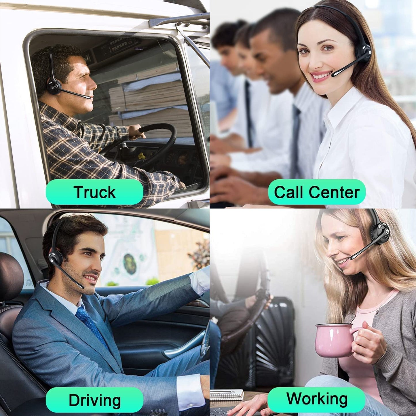 Bluetooth Headset with Microphone 12 Hours Talking Time for Trucker Wireless HeadsetsTruck Driver Call Center Skype Home Office PC