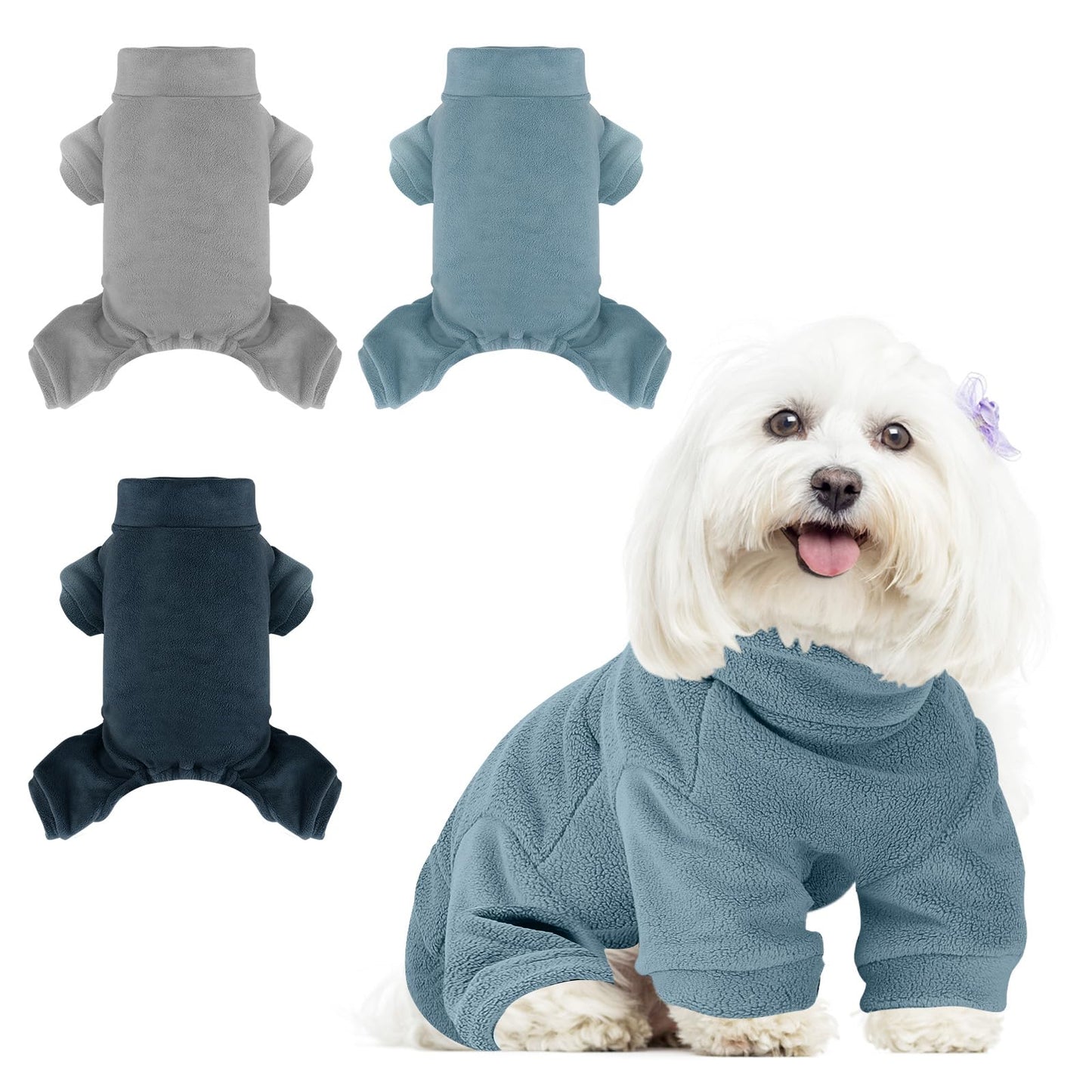 Fleece Dog Pajamas Turtleneck Thermal Dog Pjs Dog Jumpsuit Pet Outfits Warm Dog Onesie Soft Puppy Clothes for Small Sized Dogs and Cats (3pc-GYBUNB, Small)