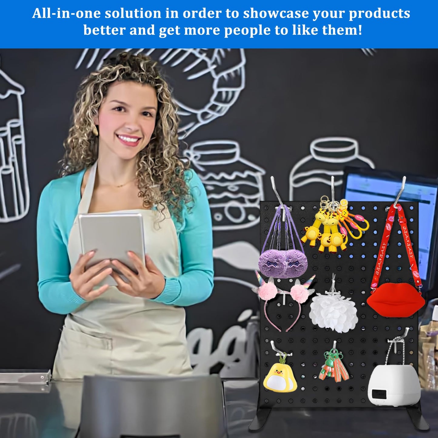 Uppcasir Pegboard Display Stand for Craft Shows, Metal Jewelry and Key Ring Retail Display Racks With 10 Hooks for Selling Accessories, Retail Stores, Vendors & Events, 17 X 13 Inch