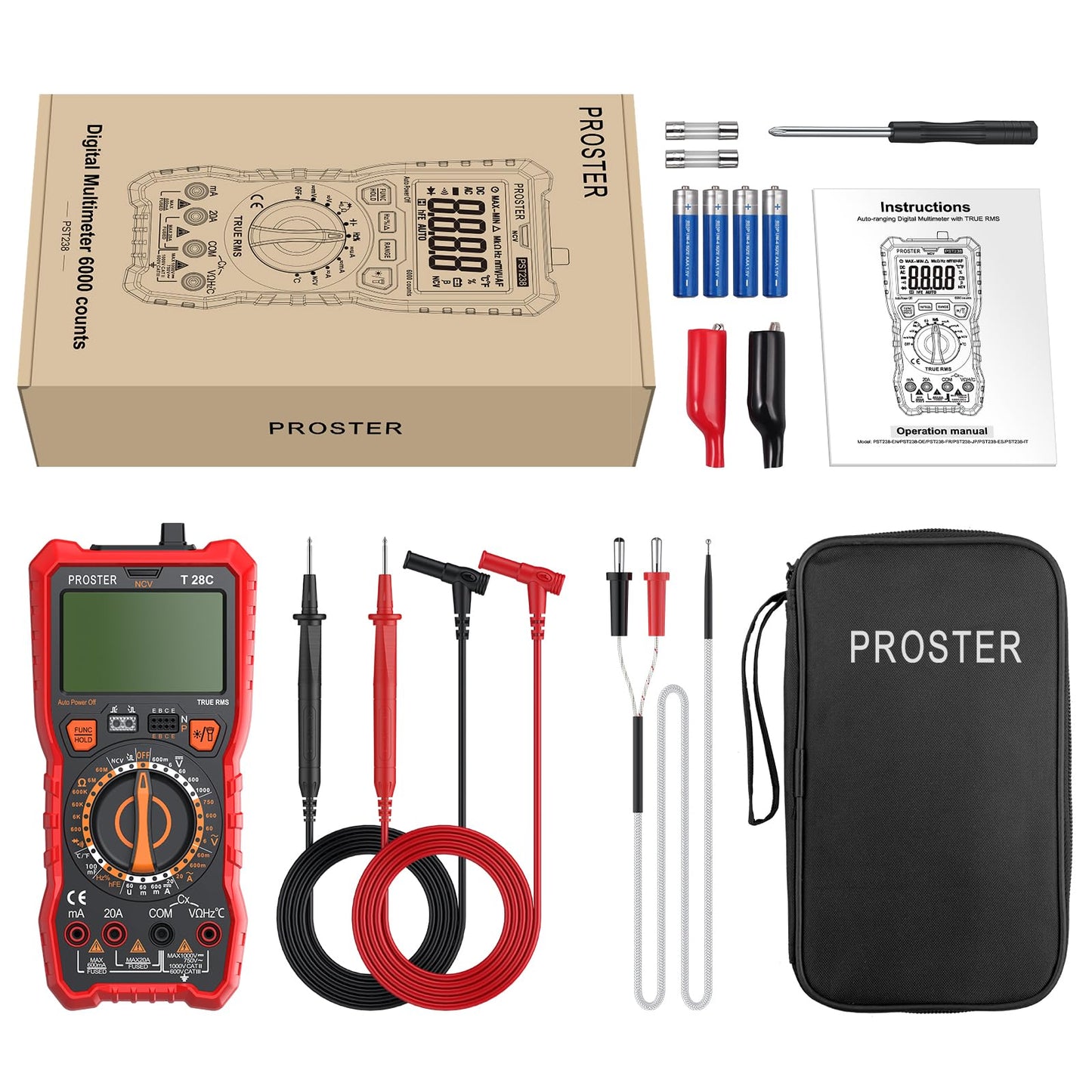 Proster Digital Multimeter 6000 Counts TRMS NCV Detector DC AC Voltage Current Meter Temperature Capacitance Resistance Diode Continuity HFE Tester Manual Multi Testers
