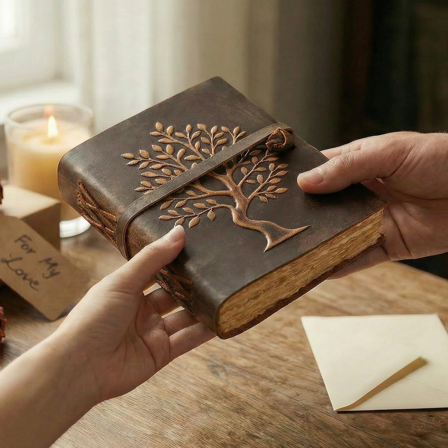 LEATHER VILLAGE Tree of Life Handmade Leather Bound Vintage Journal for Men & Women - 200 Pages Antique Deckle Edge Handmade Paper- Book of Shadow - Distressed Brown - 8 x 6 inches