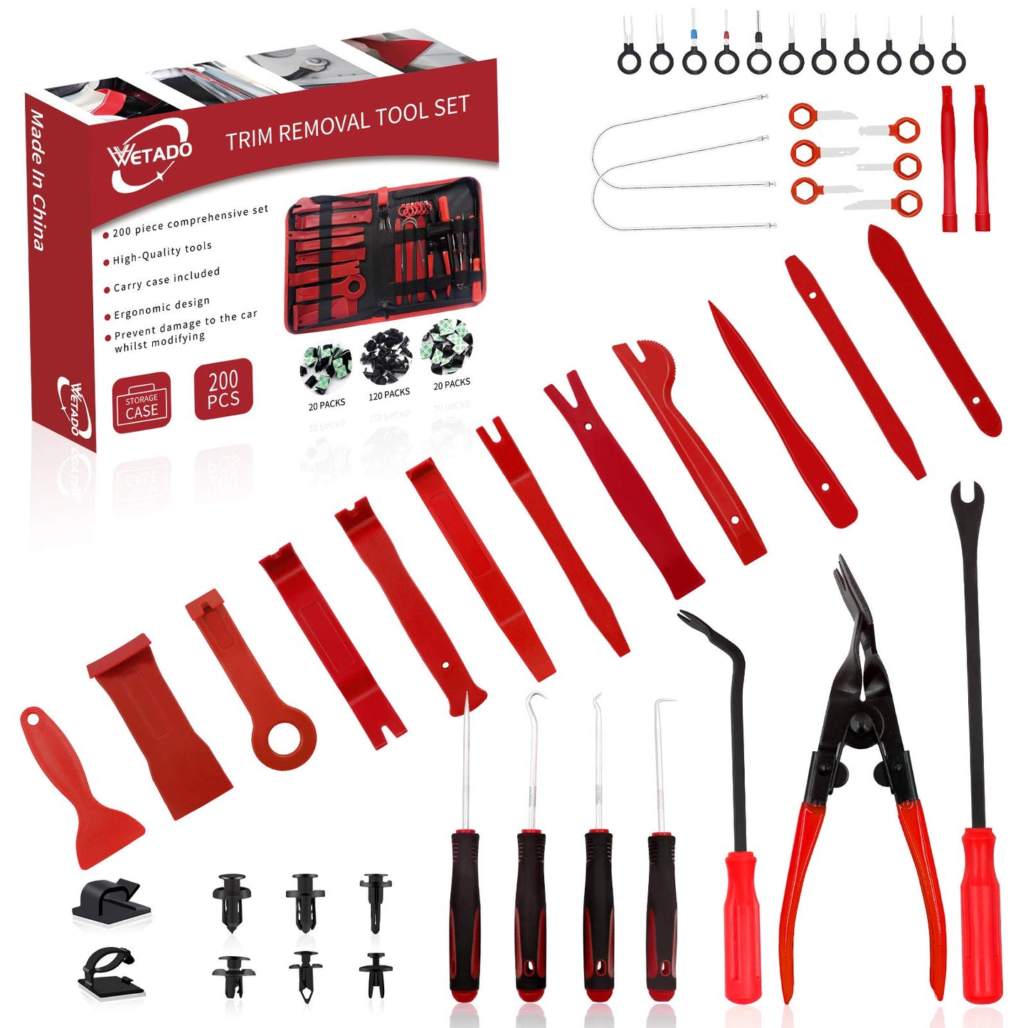 Wetado Trim Removal Tool, 200PCS Trim Tool Auto Removal Kit, Plastic Panel Fastener Removal Tool, Trim Removal Kit for Car/Trim/Panel/Door/Audio/Auto Clip Pliers/Terminal Removal Tool Kit (Red)