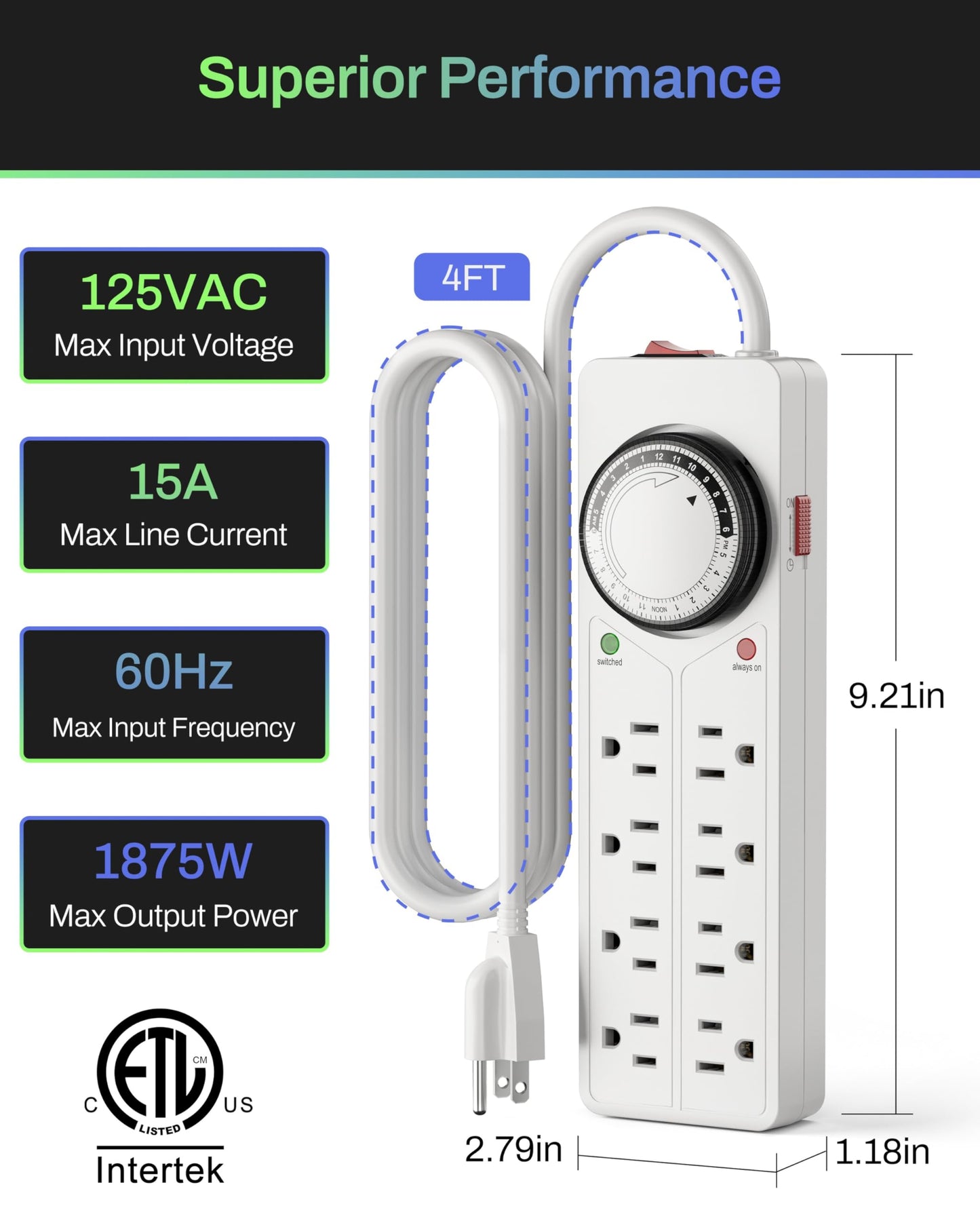 BN-LINK 8 Outlet Surge Protector with Mechanical Timer (4 Outlets Timed, 4 Outlets Always On) - White
