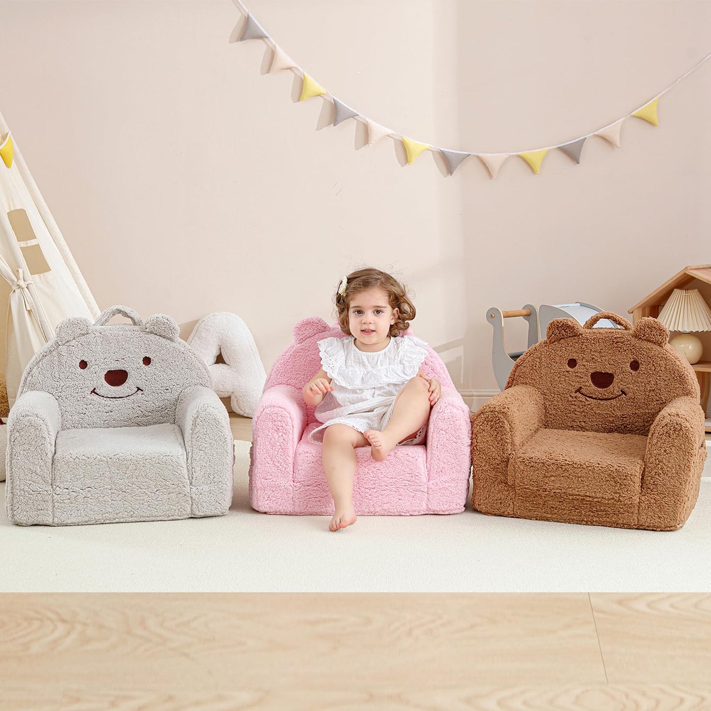 Kisdsa Toddler Chair,Sherpa Bear Toddler Couch Fold Out,Children Reading Chair,Flip Out Kids Couch,Kids Sofa Convertible for Age 1-3(Grey Bear)