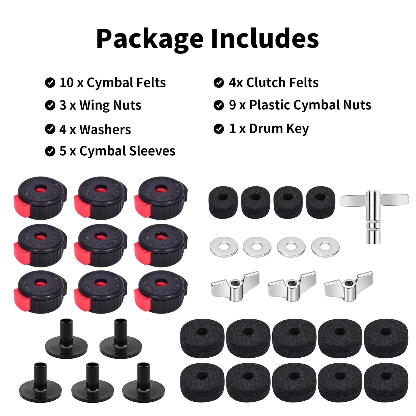 36 PCS Cymbal Replacement Accessories, Clutch Felts, Drum Cymbal Felt Pads Include Wing Nuts & Washers & Plastic Cymbals Sleeves & Drum Key and Plastic Cymbals Nuts, Replacement for Drum Set,Red