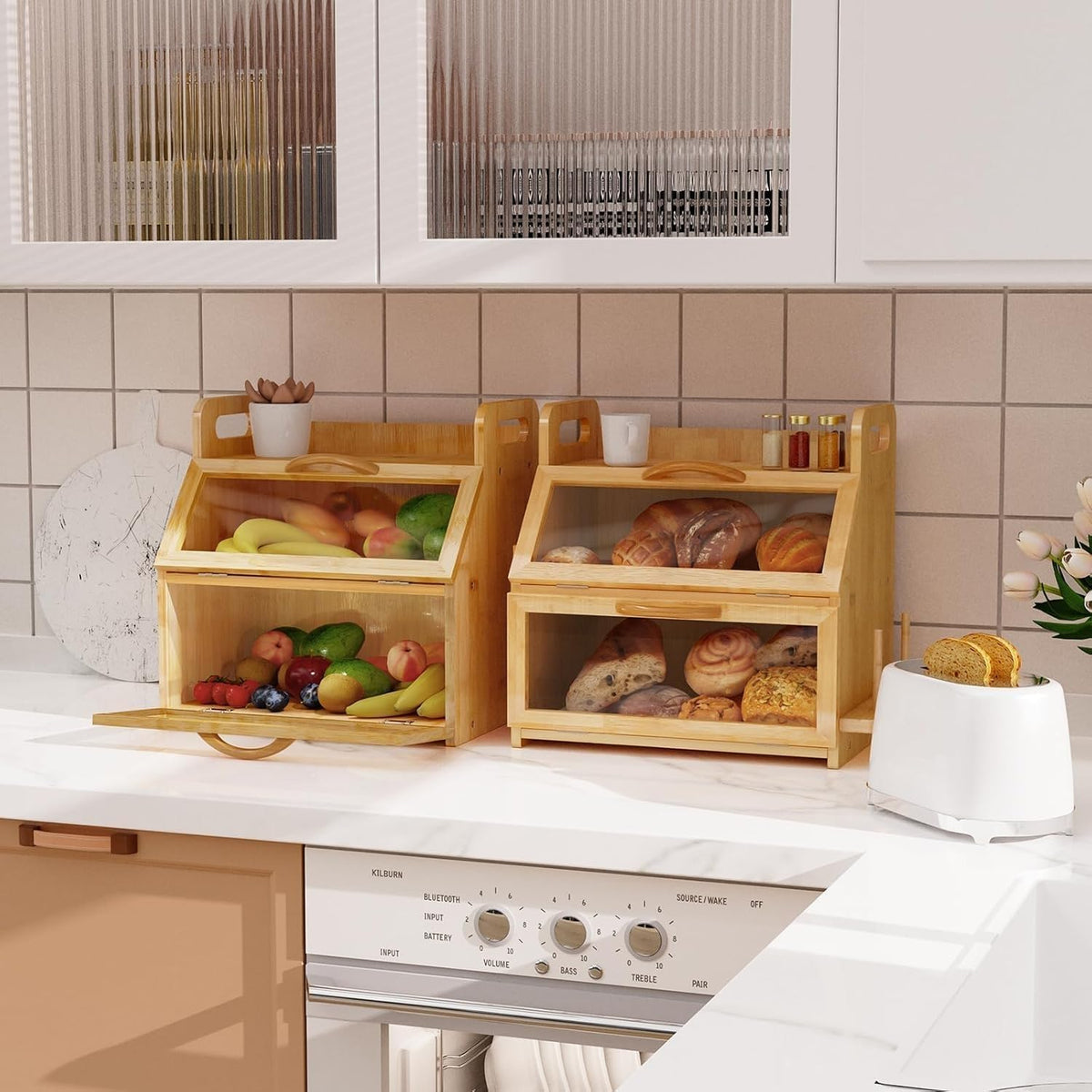 BAMBANG Extra Large Bread Box, Double Layer Bread Box for Homemade Bread, Bamboo Wooden Bread Storage Container with Tool Holder & Handles & Window, Assembly Required(14.9" x 11" x 15.3") Natural