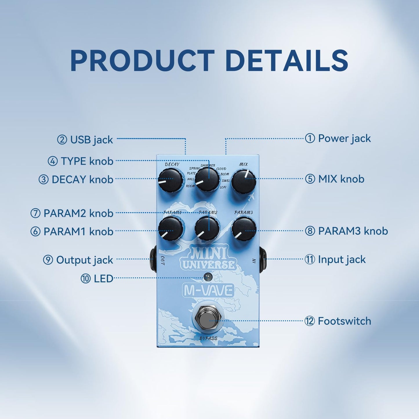 M-VAVE Reverb Guitar Pedal Digital Effect Reverb 9 Modes Room, Hall, Shimmer, Lofi, Spring, Bloom, Swell, Plate, Cloud Selection for Guitar Bass Reverberation Effect MINI-UNIVERSE