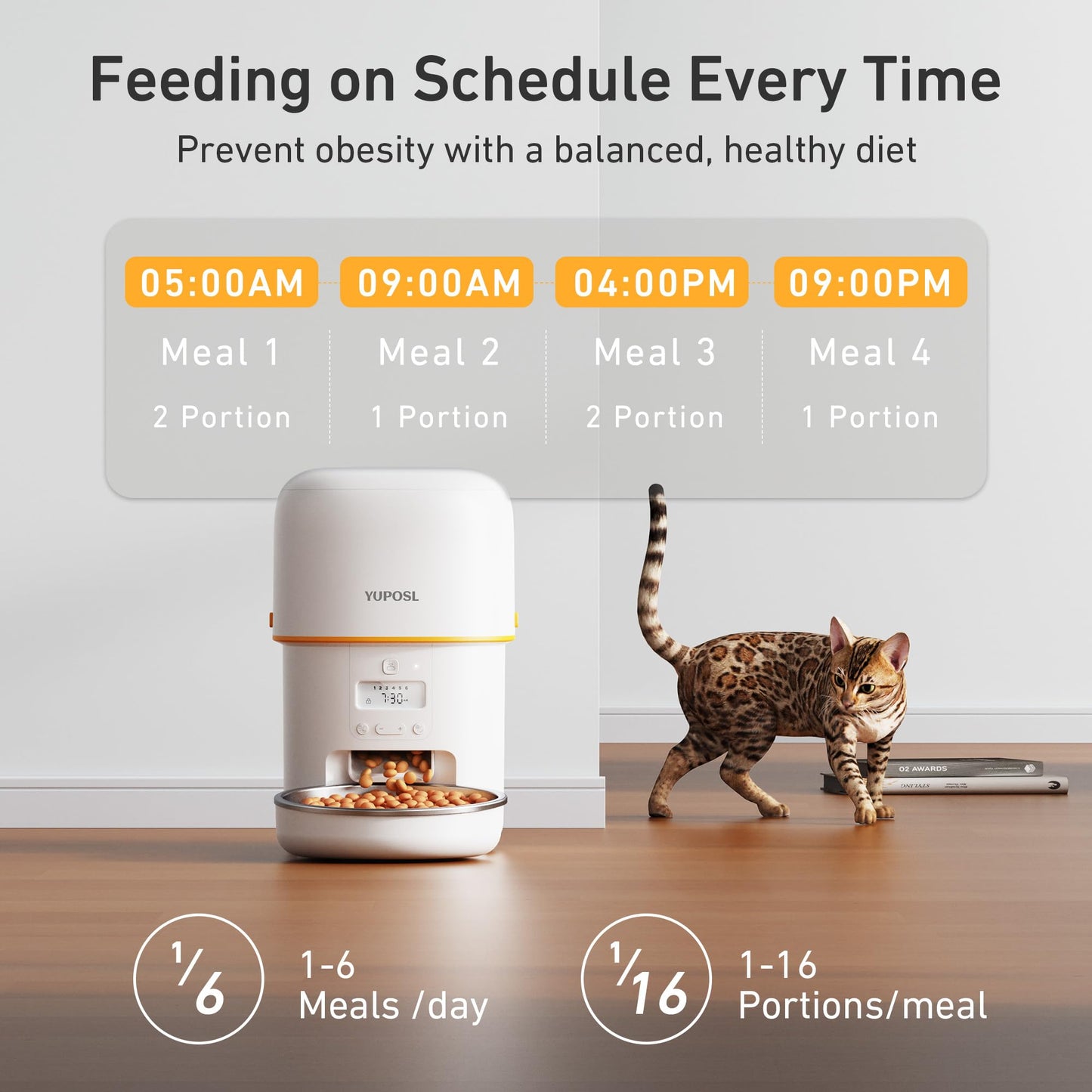Yuposl Automatic Cat Feeder - 2L Cat Food Dispenser with Over 180-day Battery Life, Anti-Jam Design, 1-6 Meals Per Day with Stainless Steel Cat Bowl, Keep Cat Dry Food Fresh, Also for Small Dog
