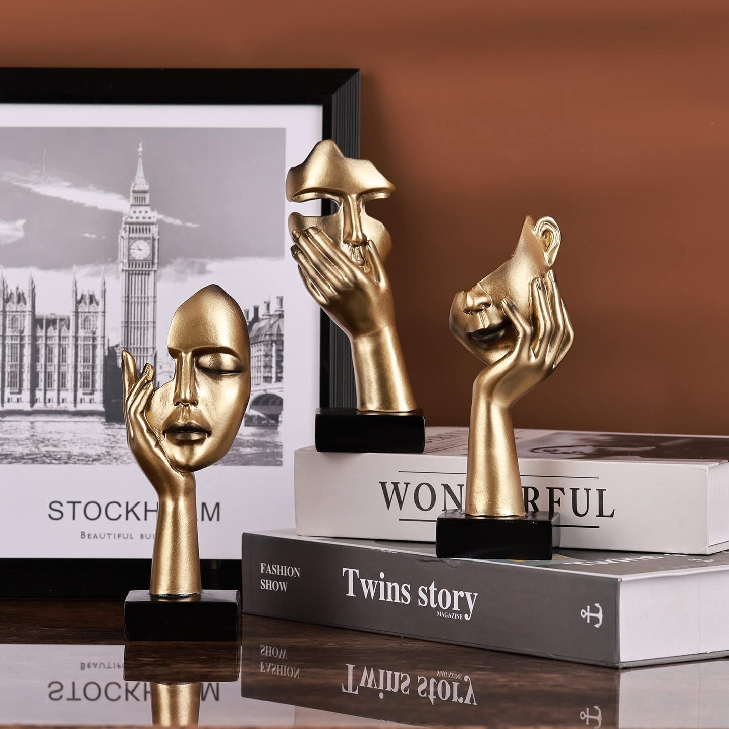 oliruim 3 Pcs Thinker Small Statue Set - Black Gold Abstract Art Figurines Home Living Room Aesthetic Decor Floating Shelf Coffee Table Office Desk Bathroom Counter Decor (3 PCS Gold)
