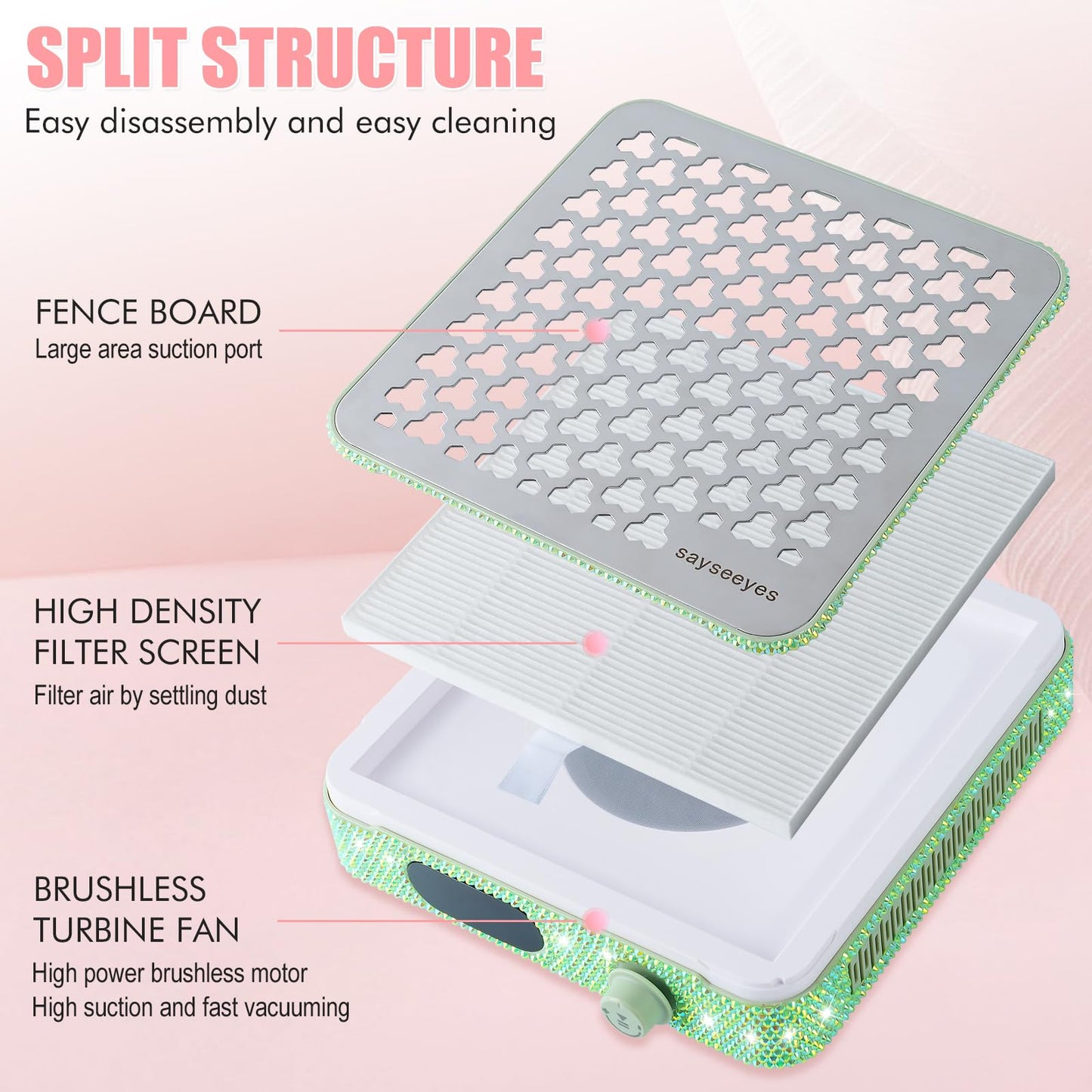 Electric Automatic Nail Dust Collector with Shiny Rhinestones Stickers, Rechargeable Collector with for Nails Polishing, Nail Salon Home (Green)
