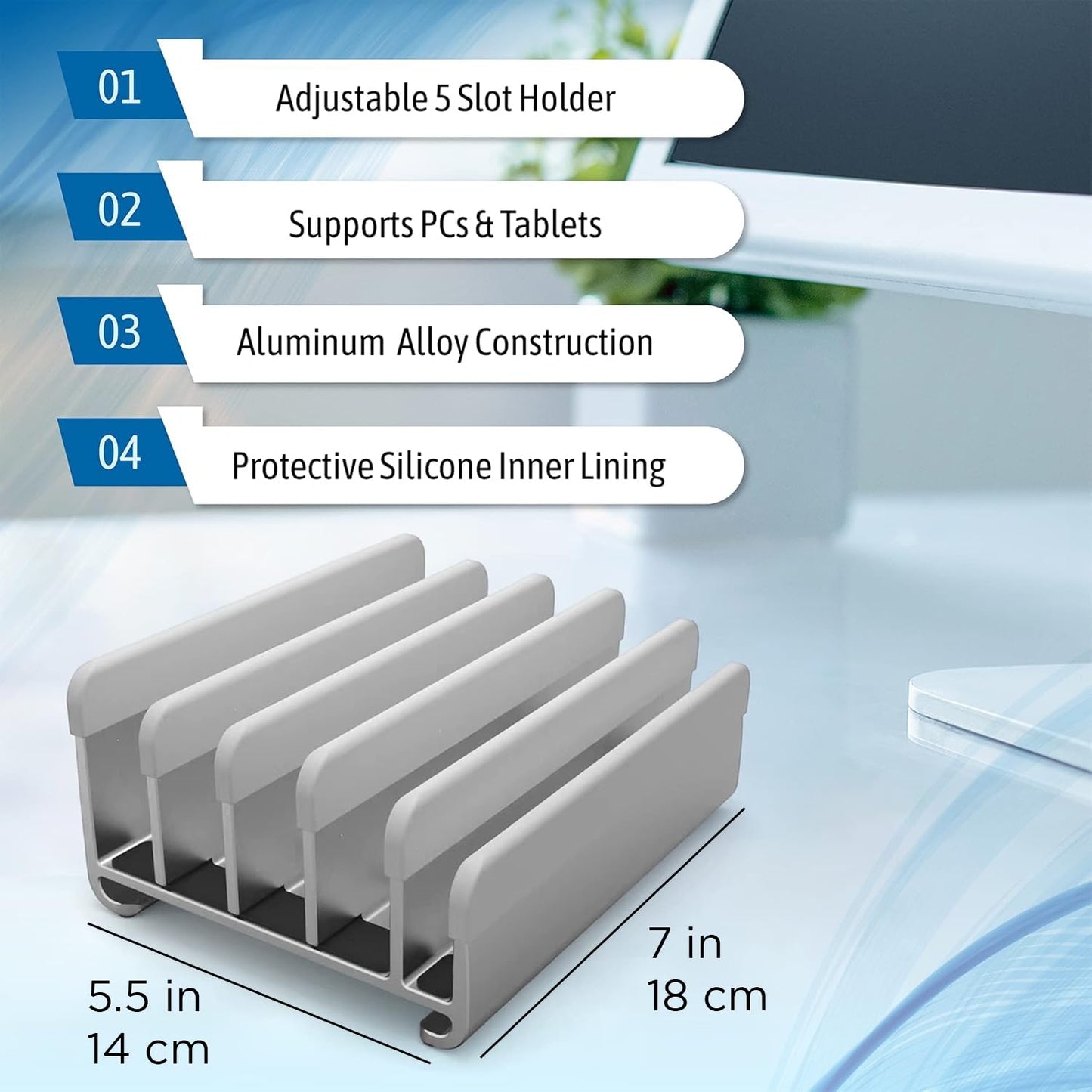 Elestoria Adjustable Vertical Laptop Stand - Fits 5 Devices, Modern Design, Tool Free Adjustment, Protective & Stable | Grey
