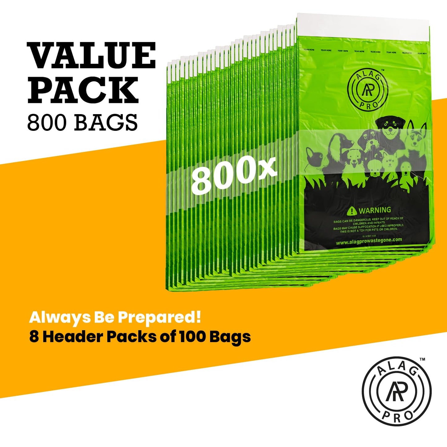 ALAGPRO® 800 Pull-Strap Dog Waste Station Refill Header Bags, Designed to Fit Any Pet Waste Header Stations - 8 headers of 100 bags