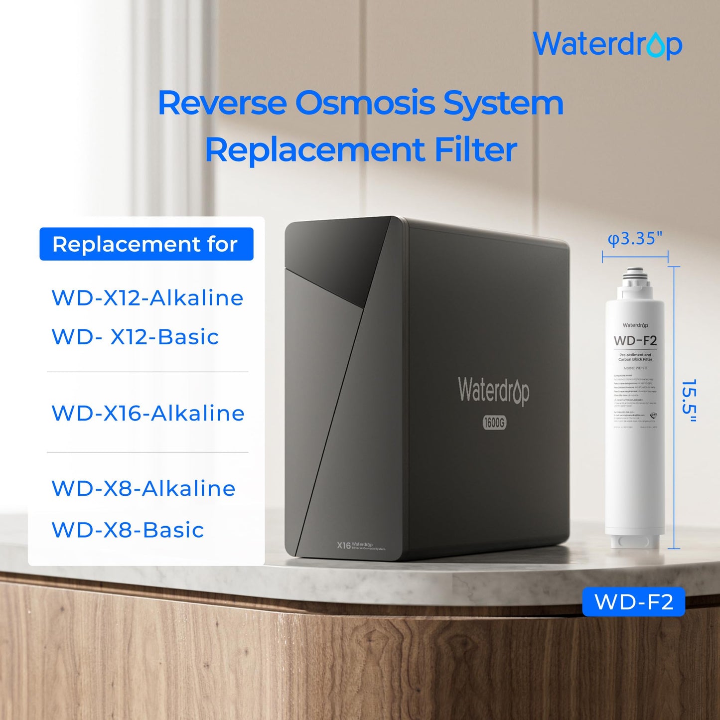 Waterdrop WD-F2 Filter, Replacement for WD-X8, X12-Basic, X12-Alkaline & X16 Reverse Osmosis Systems, 6-Month Lifetime