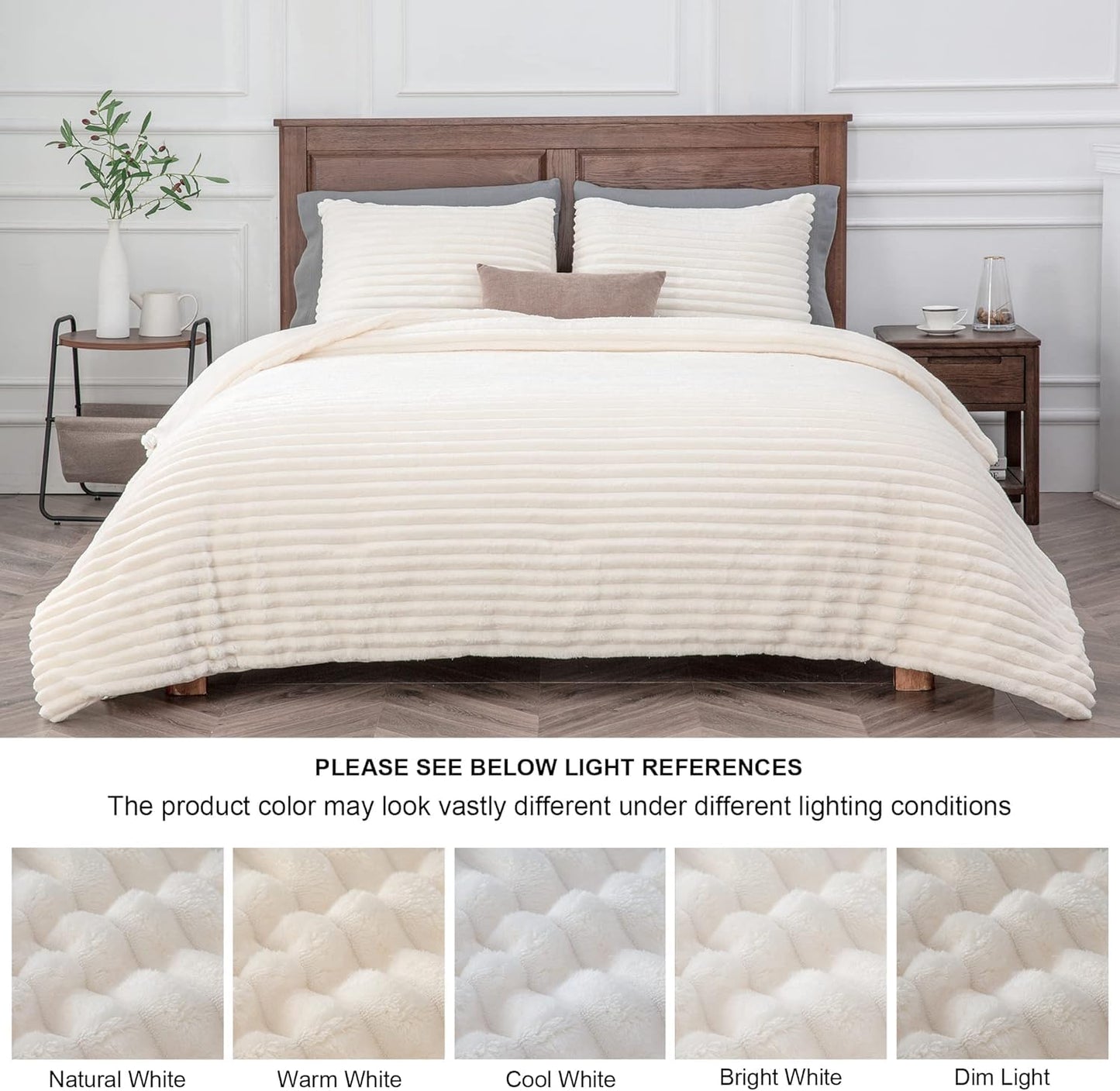 BEDELITE Fleece Queen Comforter Set -Super Soft & Warm Fluffy White Bedding, Luxury Fuzzy Heavy Bed Set for Winter with 2 Pillow Cases