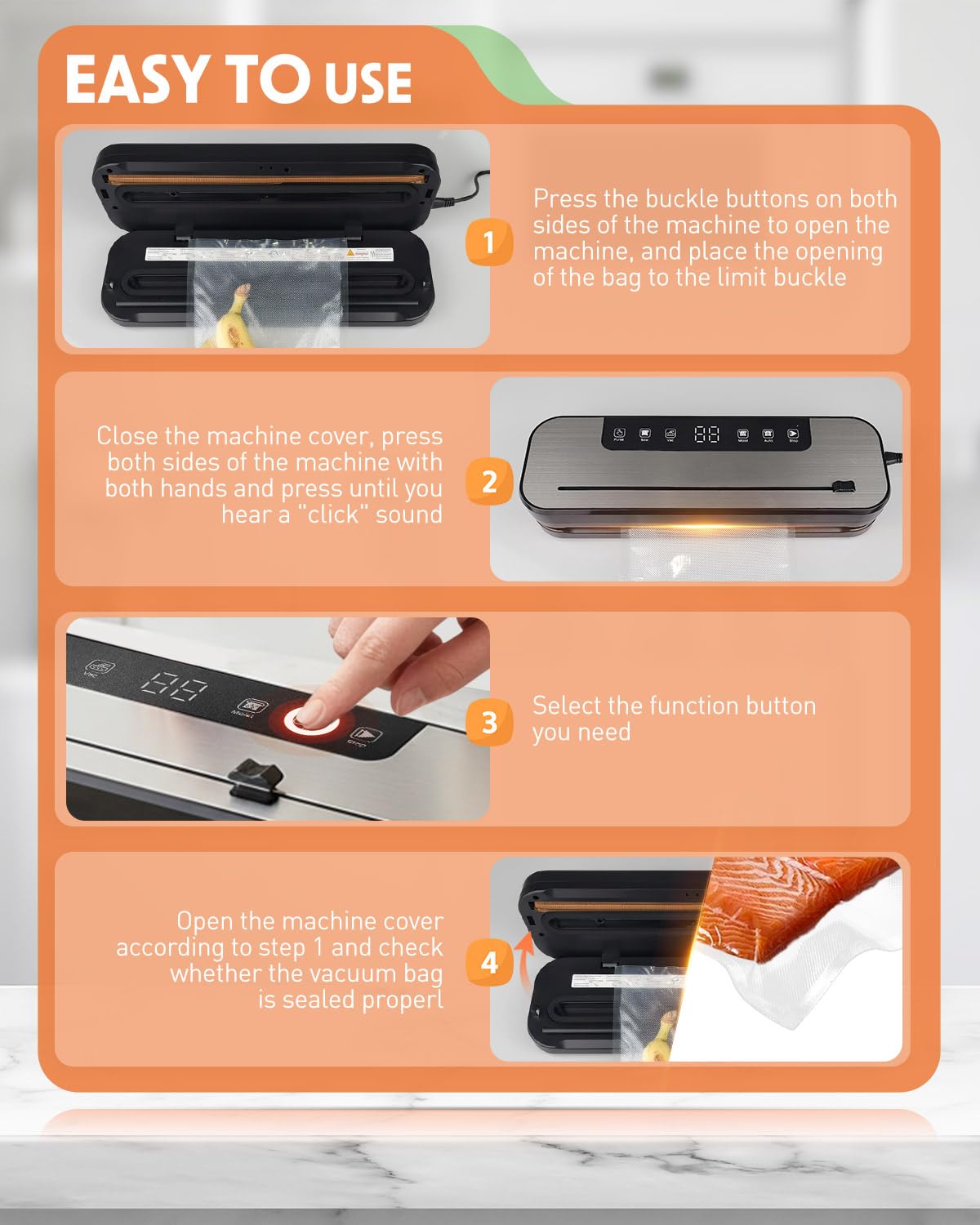 Vacuum Sealer Machine 75kPa Powerful Suction, 6-in-1 Food Vacuum Sealer with Built-in Cutter, Dry & Moist Modes, Stainless Steel Compact Design, Sous Vide Compatible, Includes 50 Vacuum Bags