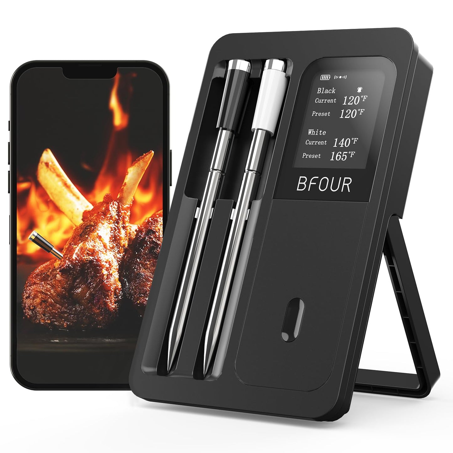 BFOUR 524FT Wireless Meat Thermometer Bluetooth with 2 Color-Coded Probes, Digital Food BBQ Thermometer Cooking with LCD Booster, 752°F Heat Resistance Meat Probes for Oven Grill and Smoker