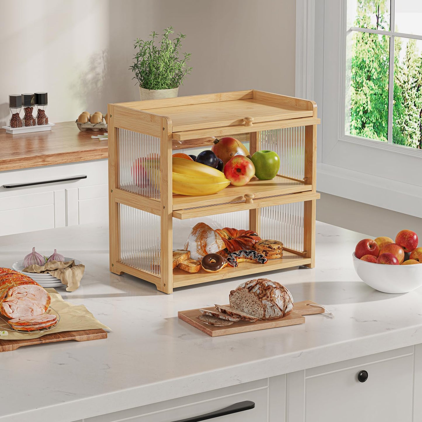 BAMBANG Extra Large Bamboo Bread Box for Kitchen Counter, Double Layer Bread Storage Container Farmhouse Bread Box with 4 Sides Transparency, Breadbox Bread Bin Holder for Homemade Bread, Natural