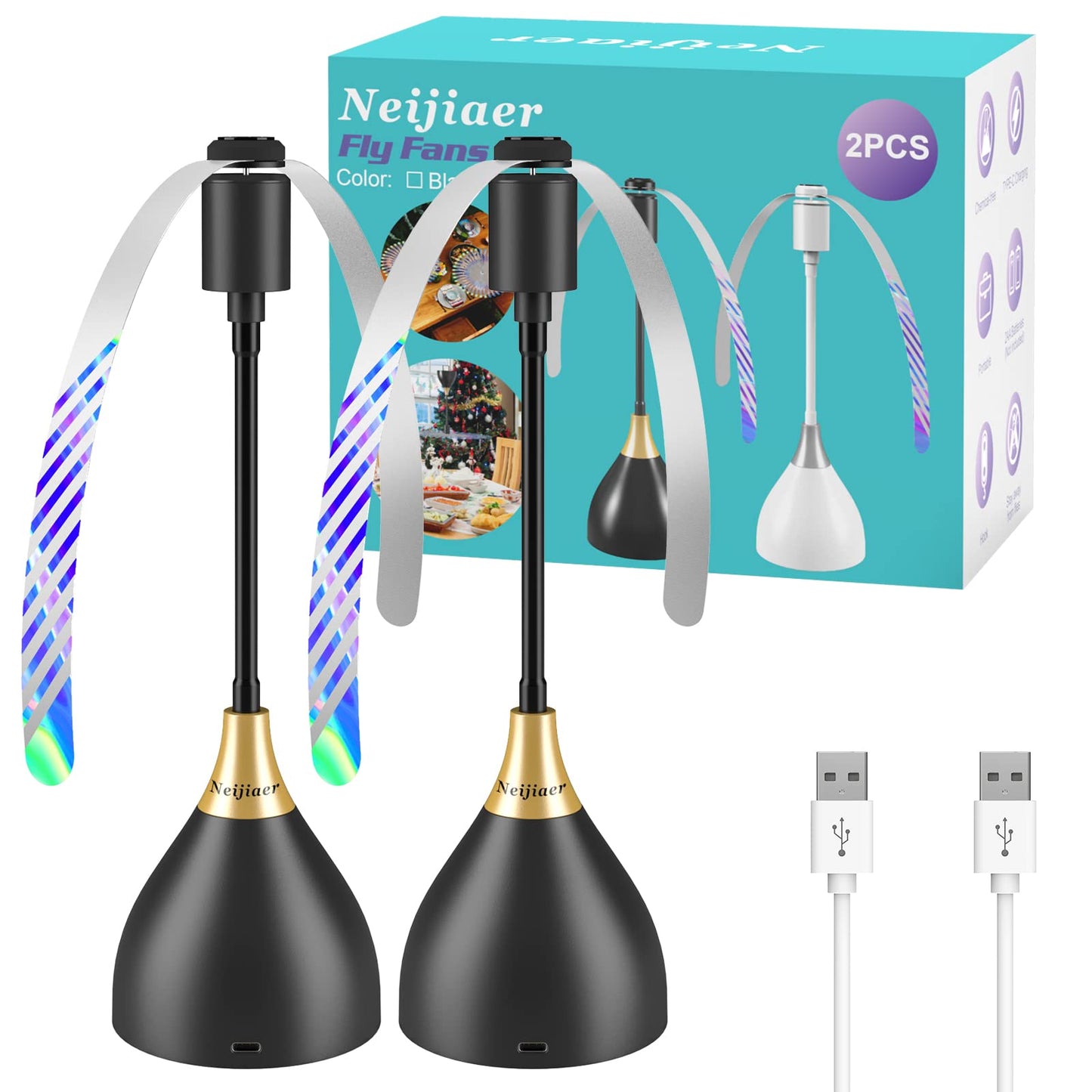 Neijiaer Fly Fans for Tables, USB or Batteries Powered, Soundless and Portable Fly Fan, Keeps Your Food Clean, Practical Fan with Soft Blades (Black 2 Packs)