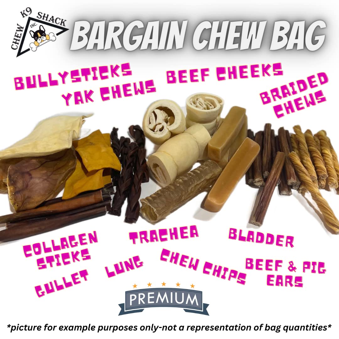 Bargain Chew Bag – Large Breed - All Natural Long Lasting Dog Chews – No Rawhide – Huge Bags - Bully Sticks – Himalayan Yak Chews - Beef Cheeks – Collagen Sticks – Jerky - Ears –Trachea & More!