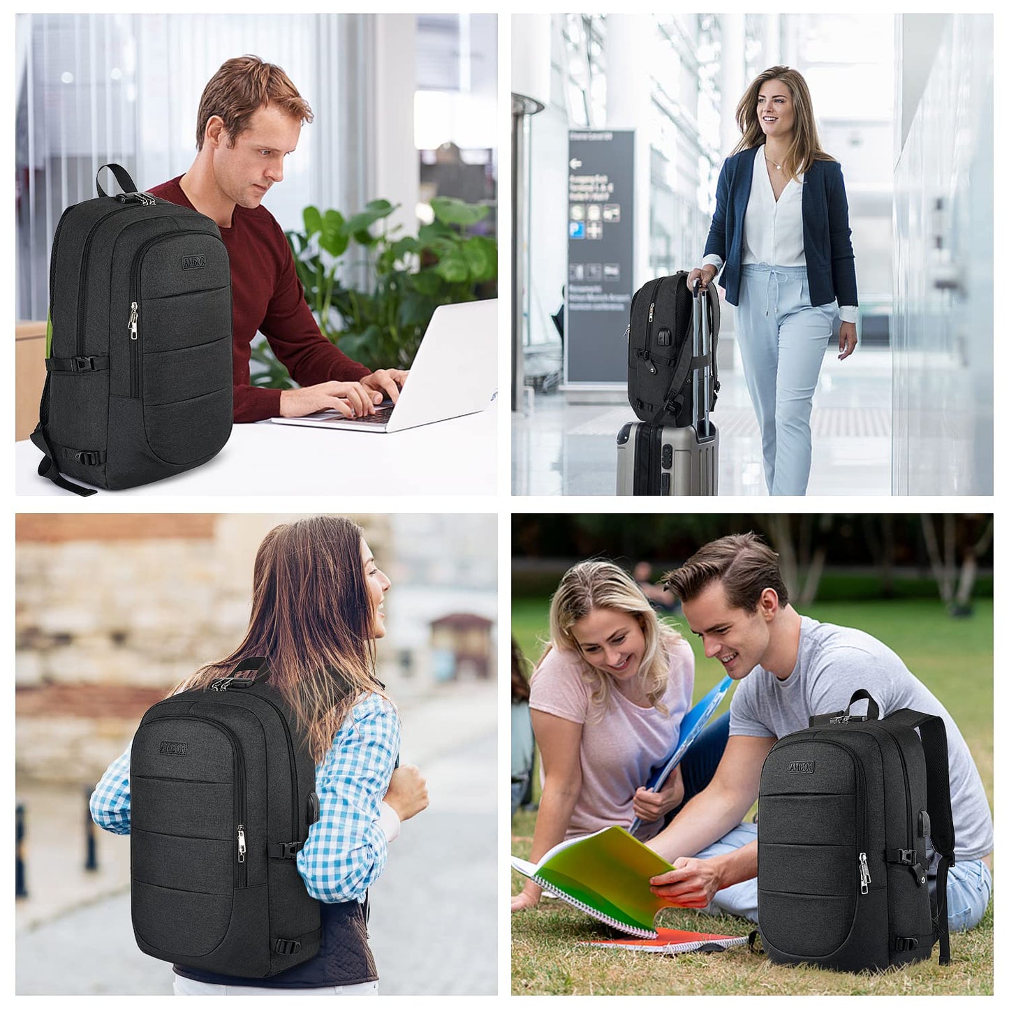 AMBOR Travel Laptop Backpack,18.4 inch Anti Theft Business Laptop Carry on Backpack with USB Charging Port and Headphone Interface, Backpack for Men & Women,Black