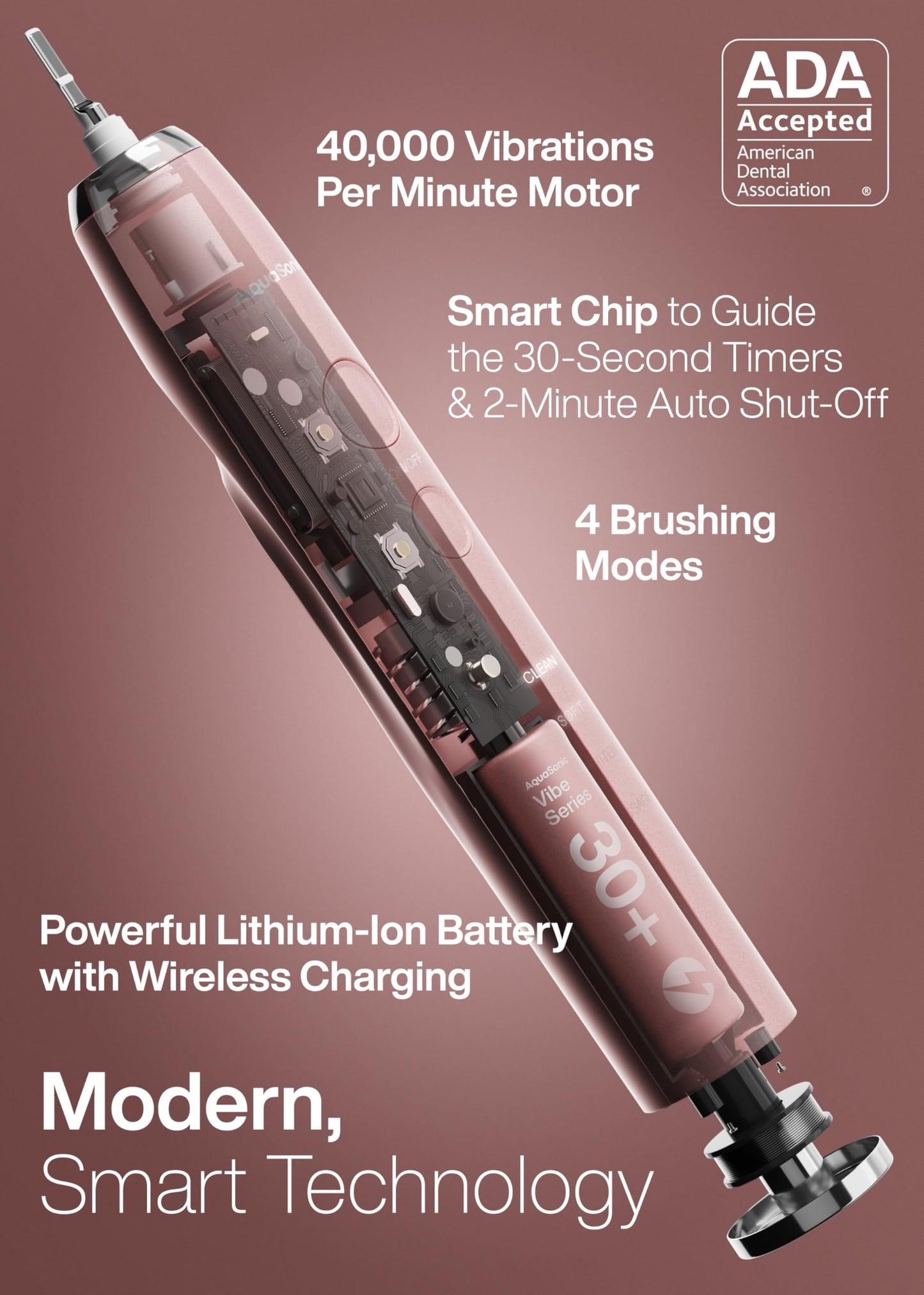 AquaSonic Vibe Series Ultra Whitening Toothbrush – ADA Accepted Power Toothbrush - 8 Brush Heads & Travel Case – 40,000 VPM Motor & Wireless Charging - 4 Modes w Smart Timer – Satin Rose Gold