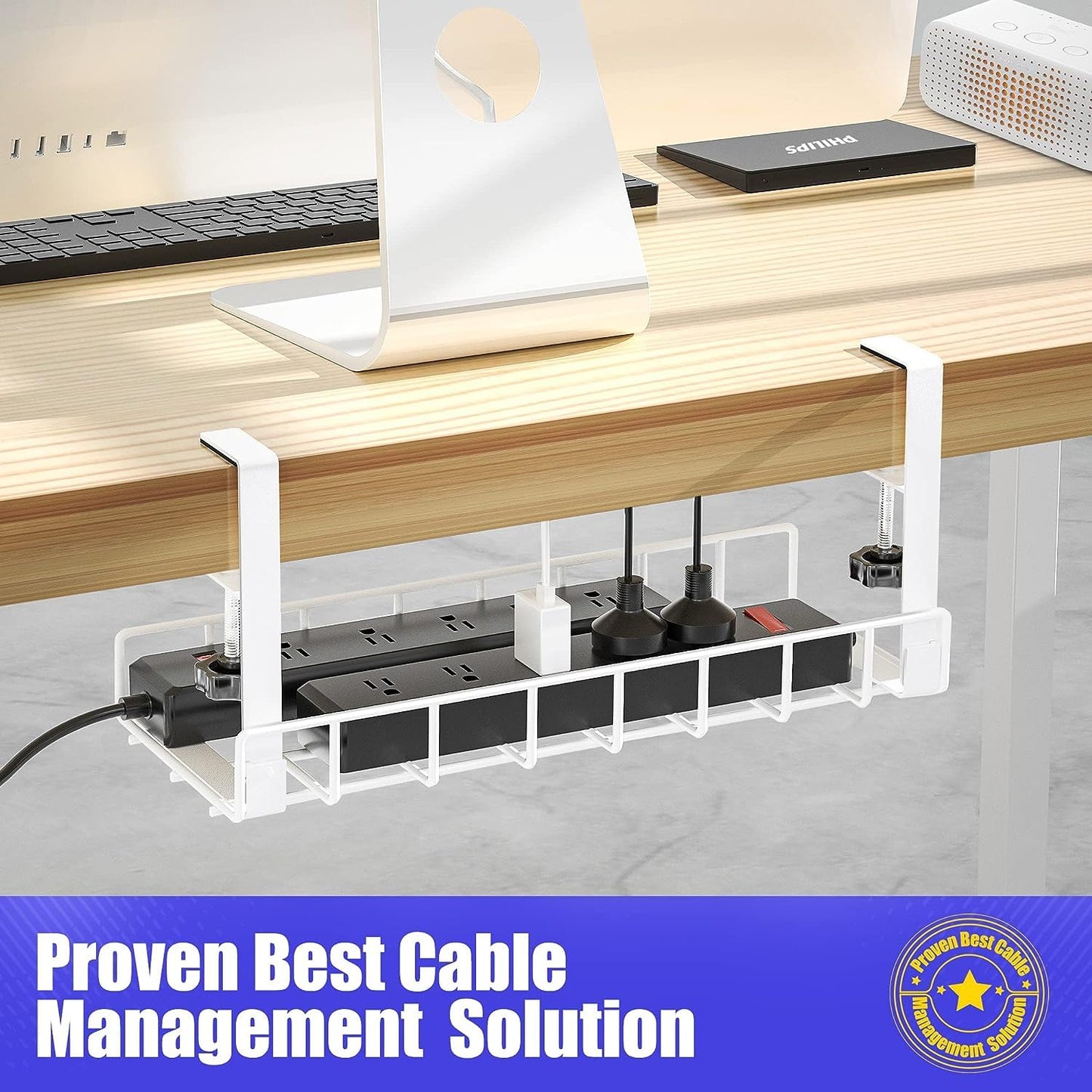 Under Desk Cable Management Tray 2 Pack, Xpatee Wire Management No Drill No Screws, Cable Tray with Clamp for Desk Wire Management, Computer Cable Rack for Office, Home - No Damage to Desk White