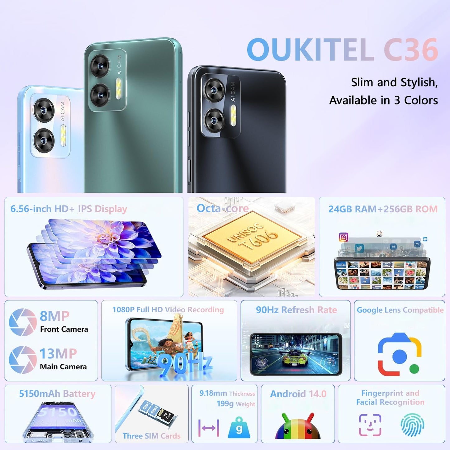 OUKITEL C36 Smartphone, Unlocked Cell Phone Canada, Android 14 Phone, 16GB+256GB/TF 2TB Expandable, 6.56'' HD+ Large Screen, 90Hz, 5150mAh Phone, 4G Sim 3 Card, Fingerprint/Face Unlock Telephone, GPS