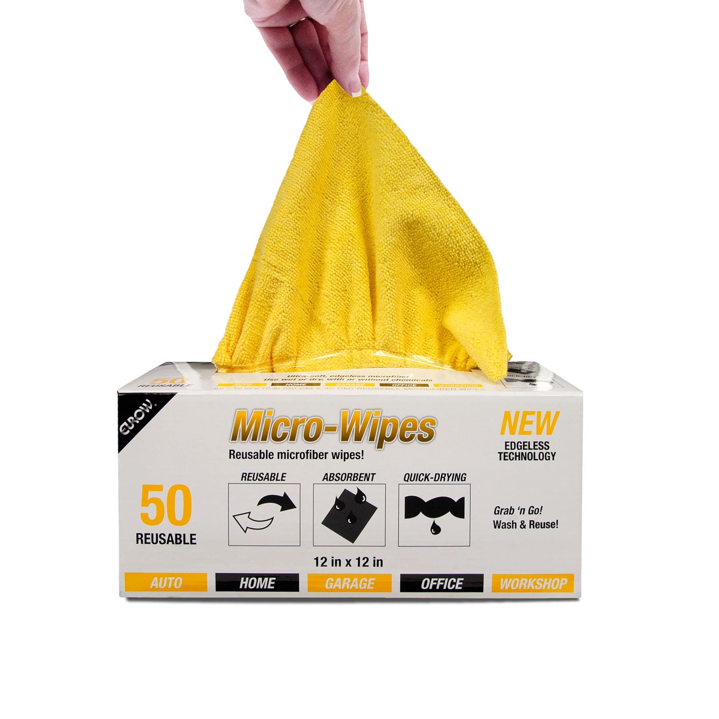 Eurow Reusable Microfiber Cleaning and Drying Wipes with Dispenser Box, 200GSM, 12 by 12 Inches, Pack of 50 - Yellow