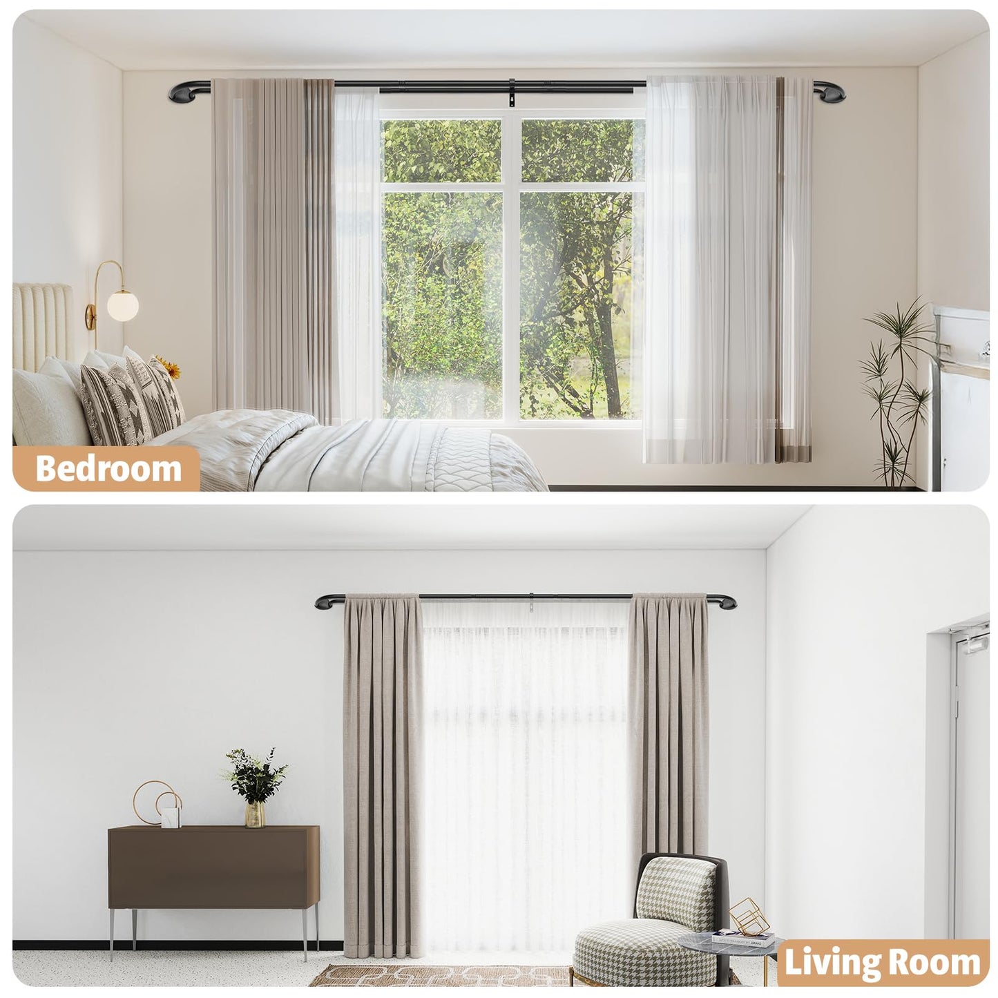 PeSenp Double Curtain Rods 48 to 84 Inch, 3/4 Inch Blackout Adjustable Curtain Rod with Innovative Snap-Fit Finials, Decorative Drapery Rod for Windows (Window Size: 24-86 Inch)