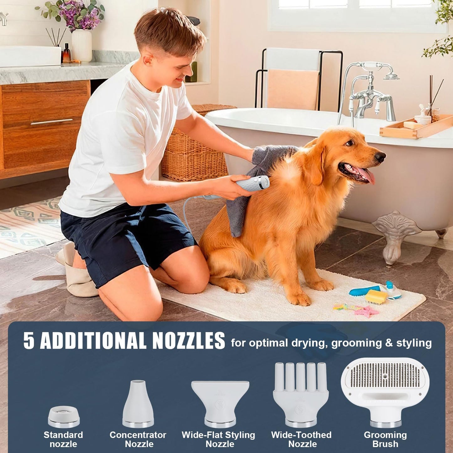 Ownpets 5 in 1 Portable Smart Pet Grooming Hair Dryer, low noise, with dehairing comb, 5 nozzles, 3-speed temperature adjustment, 3-speed wind speed, suitable for dog grooming hair dryer, suitable for home travel use