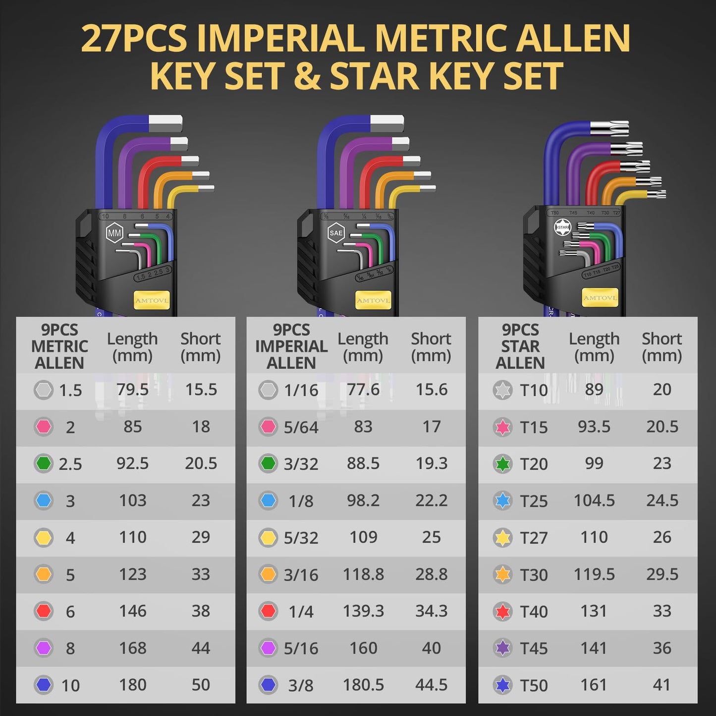 AMTOVL 27PCS Allen Key Set - Metric & SAE Allen Wrench Set, Extra Long Ball & Star End Hex Keys with T-Handle & Color Coding for Bicycle, Household DIY