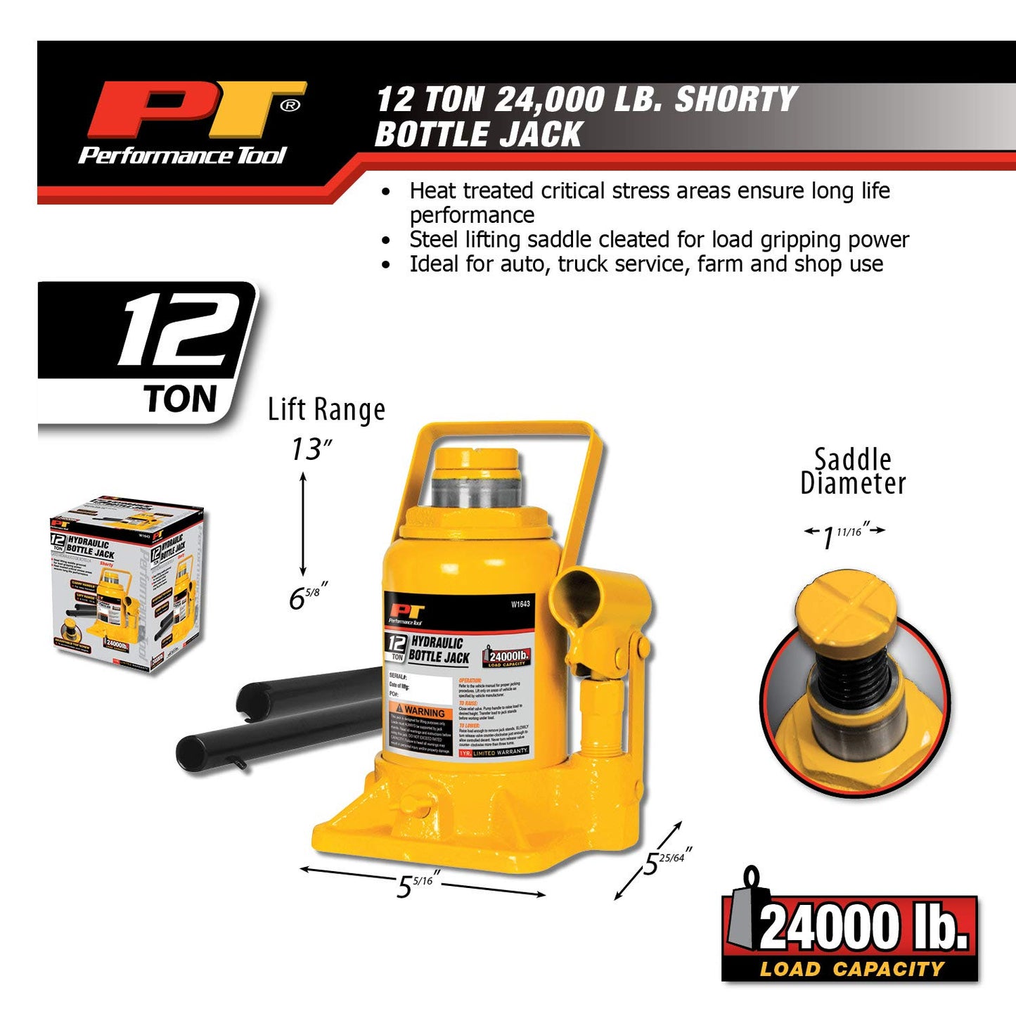 Performance Tool W1643 12 Ton (24,000 lbs.) Heavy Duty Shorty Bottle Jack
