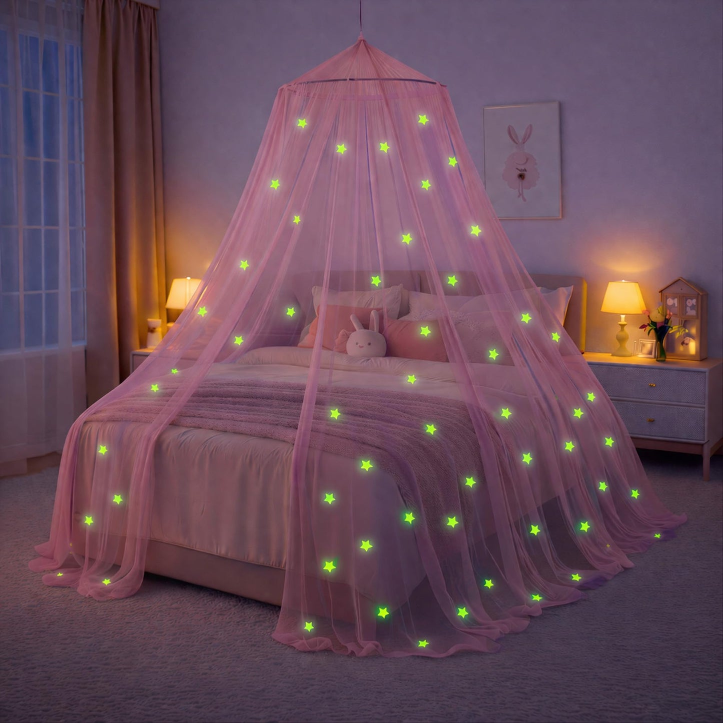 Bed Canopy for Girls with Glowing Stars - Princess Pink Baby Canopy For Bed, Netting Room Decor, Ceiling Tent, Canopy for Crib | Single, Twin, Full, Queen Size Kids Bed Curtains, Fire Retardant Fabric