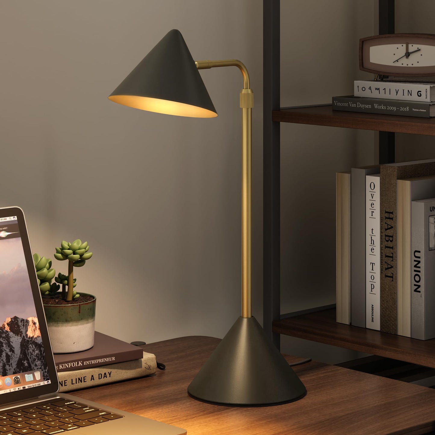 HISEEGO Metal Desk Lamp, 3000k Soft Light Modern Desk Lamp with Dimmer Switch, Adjustable Lighting with Swivel Arm Reading Lamp for Bedside Table, Office Desk, Task Light, Living Room(Black & Gold)