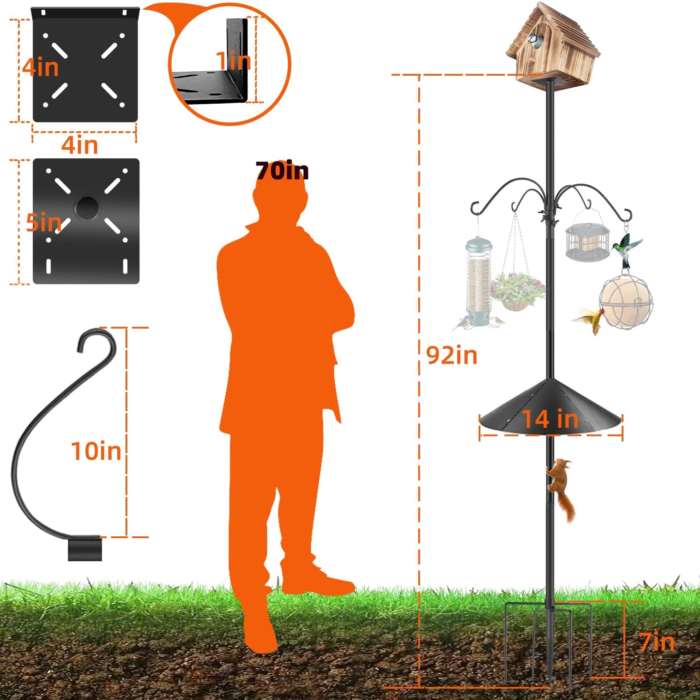 92inch Squirrel Proof Bird Feeder Pole - Heavy-Duty Durable Bird Stand with Squirrel Baffle, 4 Hooks for Hanging Bird Feeder, Perfect for Birdwatching & Outdoor Use