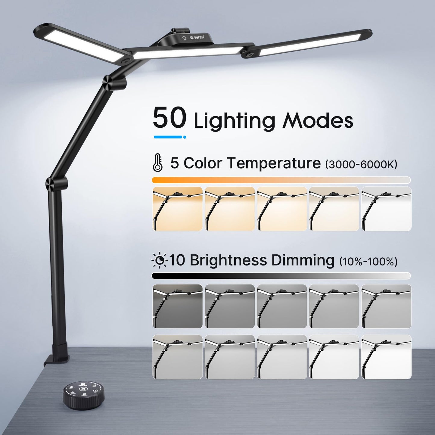 Syrinx LED Desk Lamp, Architect Desk Lamps Home Office with Gesture Switch & Remote Control, 24W Bright Desk Light with 50 Light Modes Eye-Caring Desk Lamp with Clamp for Reading Study Workbench