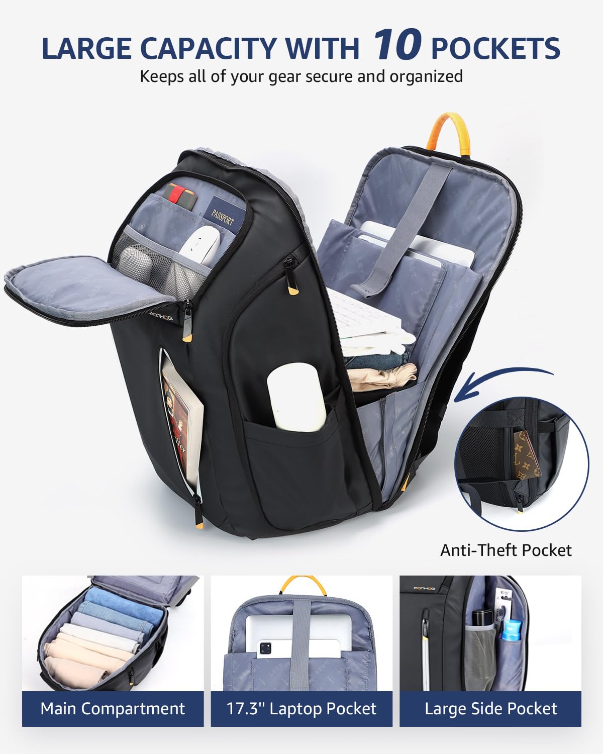 Laptop Backpack for Men - 17.3 Inch Anti Theft Business Backpack with USB Charging Port, Water Resistant Computer Backpack Flight Approved Carry On Travel Backpack for Work College, 30L, Black