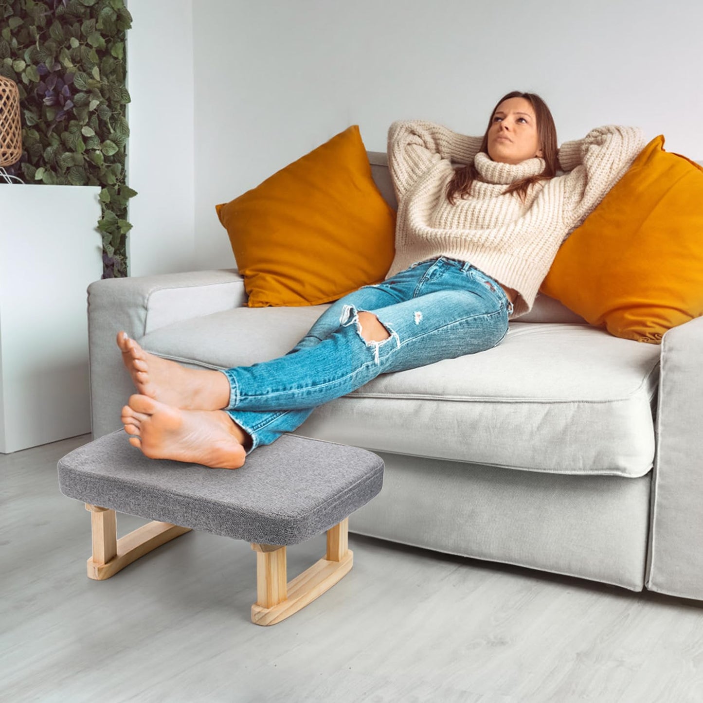 Lawei Small Footstool Ottoman, Rectangle Fabric Foot Stool Rest with Wooden Legs and Non-Slip Soft Padding, Modern Footstools Step for Couch, Desk, Office, Living Room, Bedroom, Entryway, Dogs, Gray